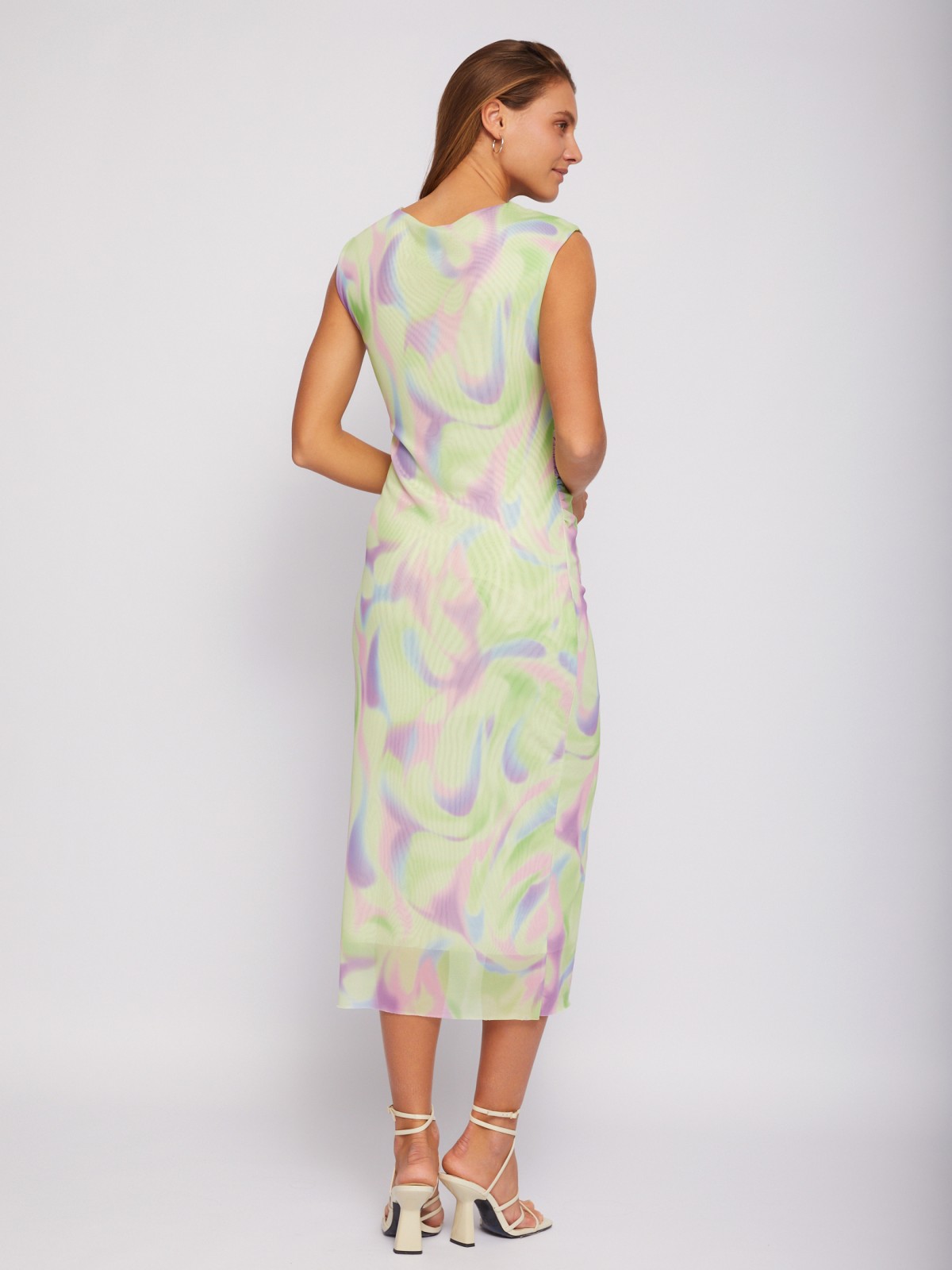 Платье из сетки с принтом Soft Focus и драпировкой zolla 02421819Y011, цвет лайм, размер XS - фото 6