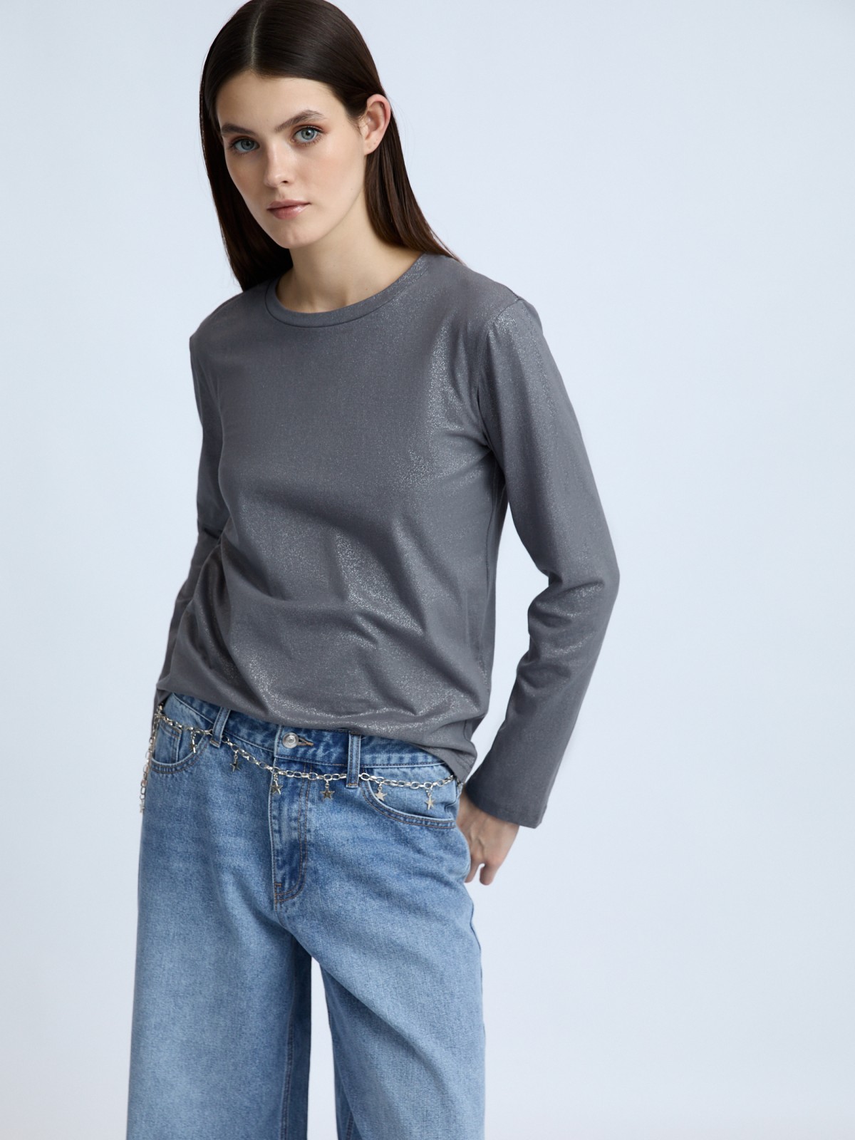 Лонгслив из хлопка с серебряным принтом