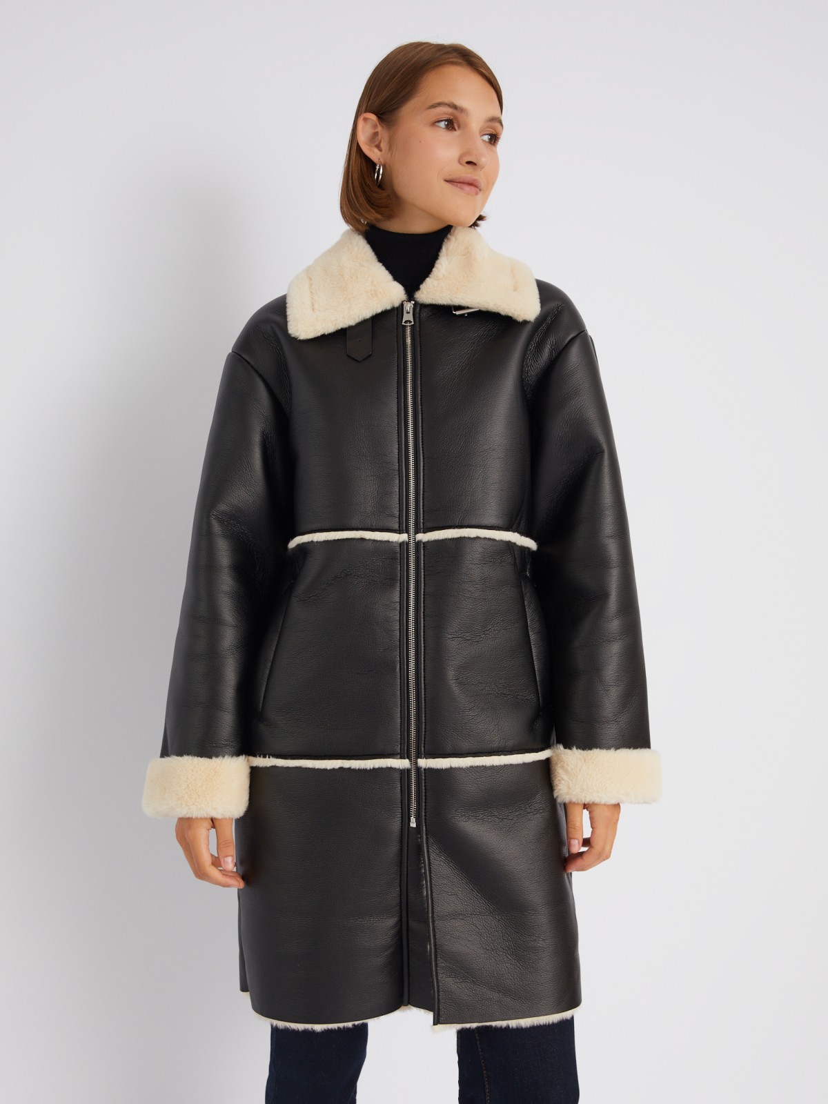 Длинное тёплое пальто-дублёнка из экокожи с искусственным мехом по подкладке zolla 023335550084, цвет черный, размер M - фото 3