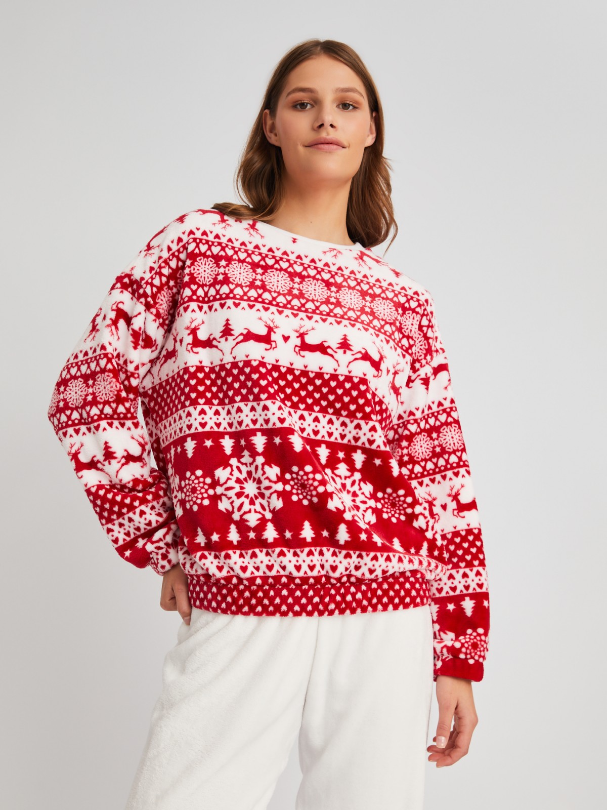 Домашний пижамный комплект из экомеха (свитшот и штаны) zolla 623458759081, цвет красный, размер XS - фото 3