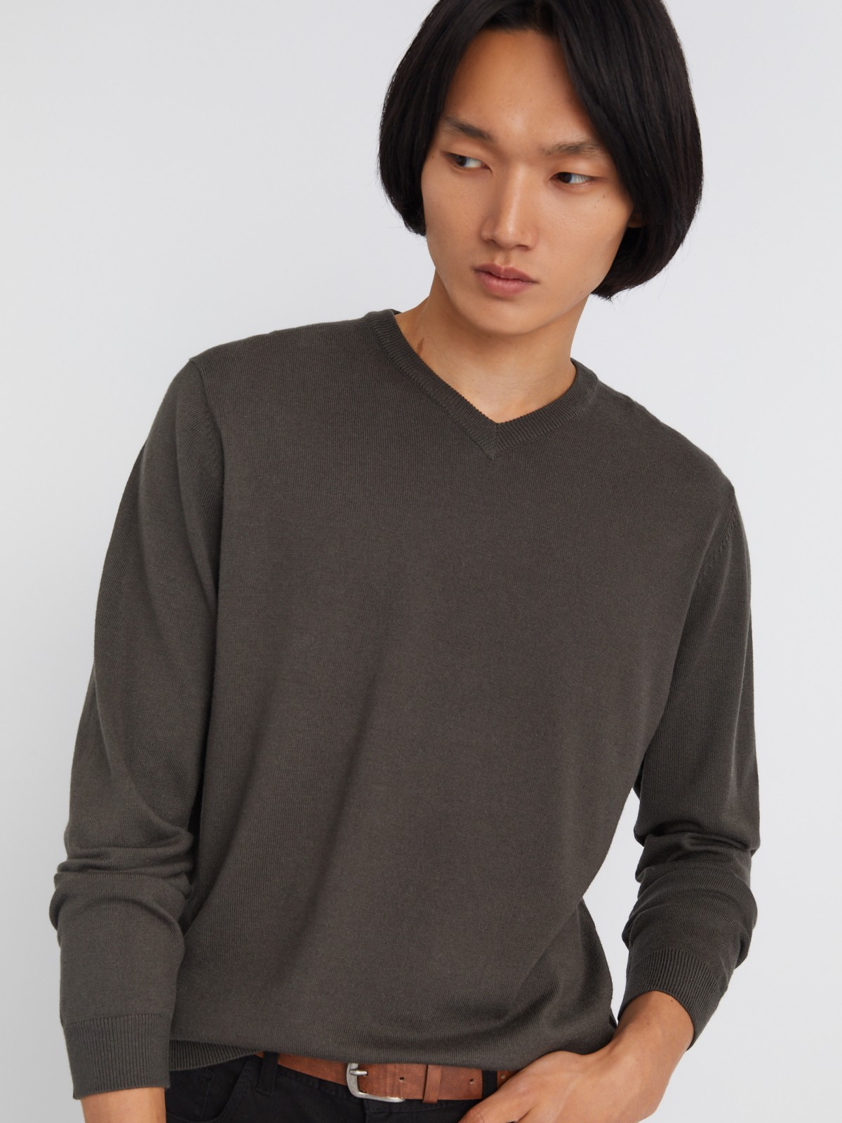 Шерстяной трикотажный пуловер с треугольным вырезом и длинным рукавом zolla 013346163042, цвет темно-серый, размер M - фото 3