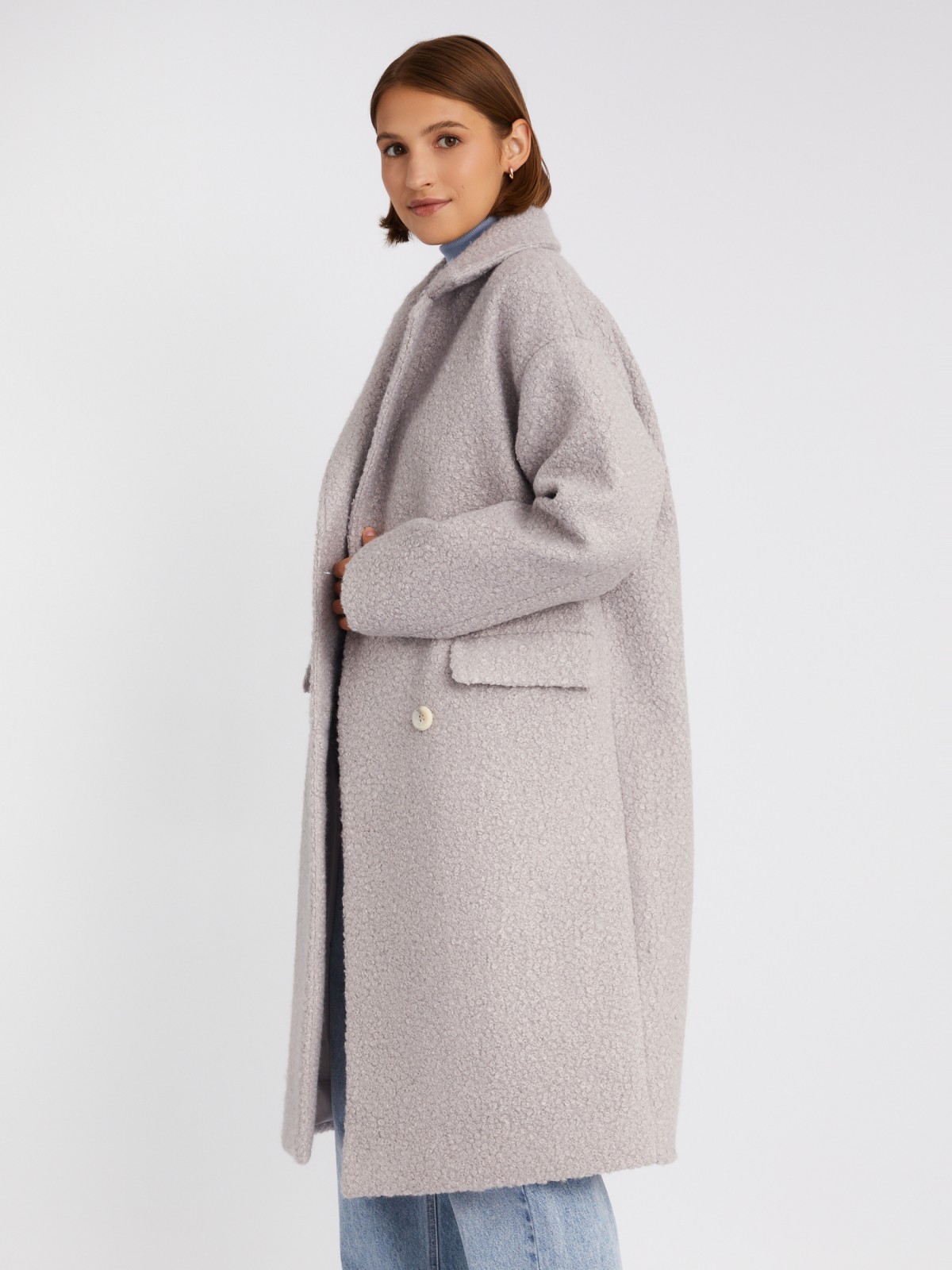 Длинное пальто оверсайз силуэта из ткани букле без утеплителя на пуговицах zolla 023335807034, цвет светло-серый, размер XS - фото 3