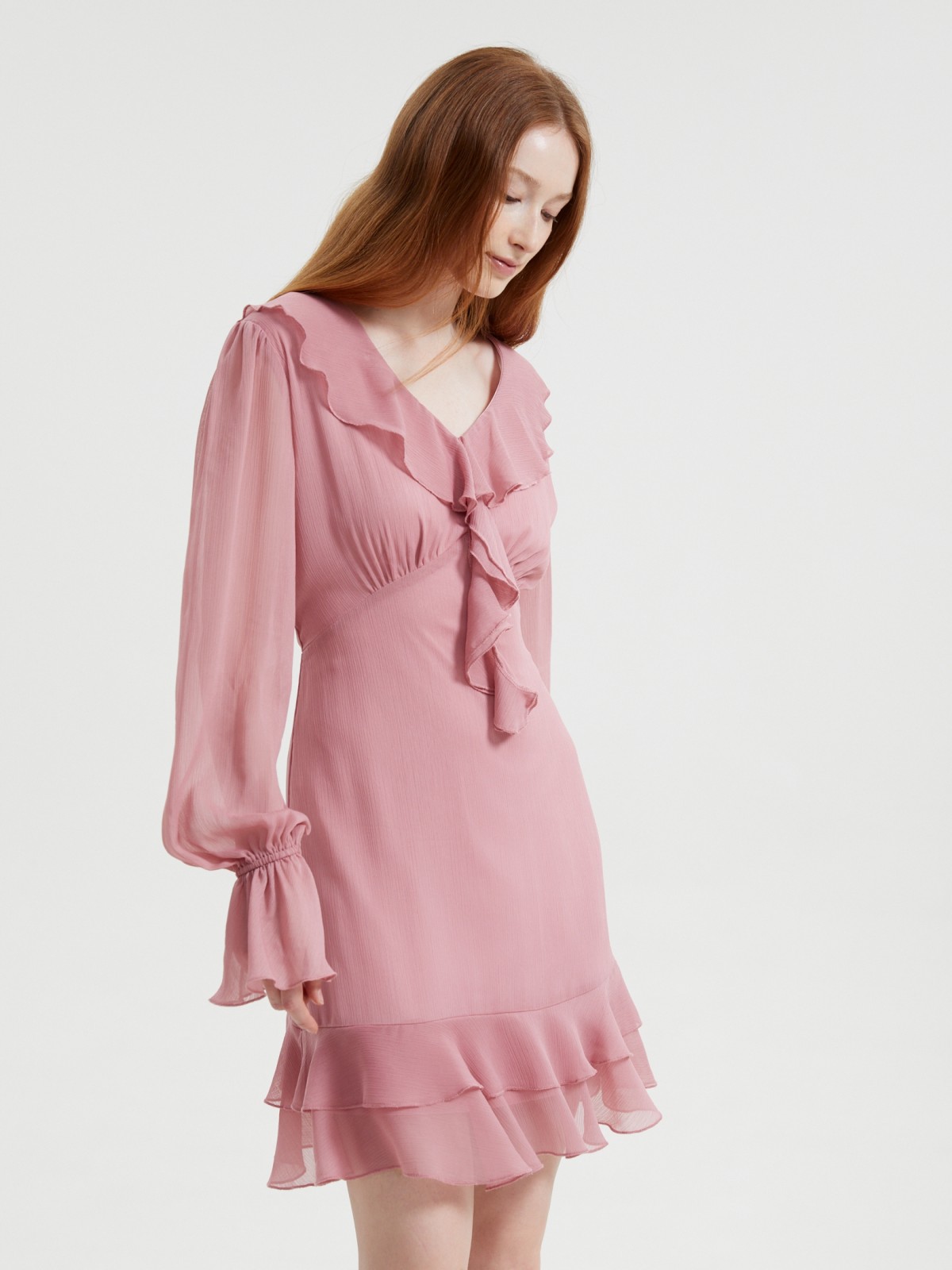 Платье мини из шифона с воланами