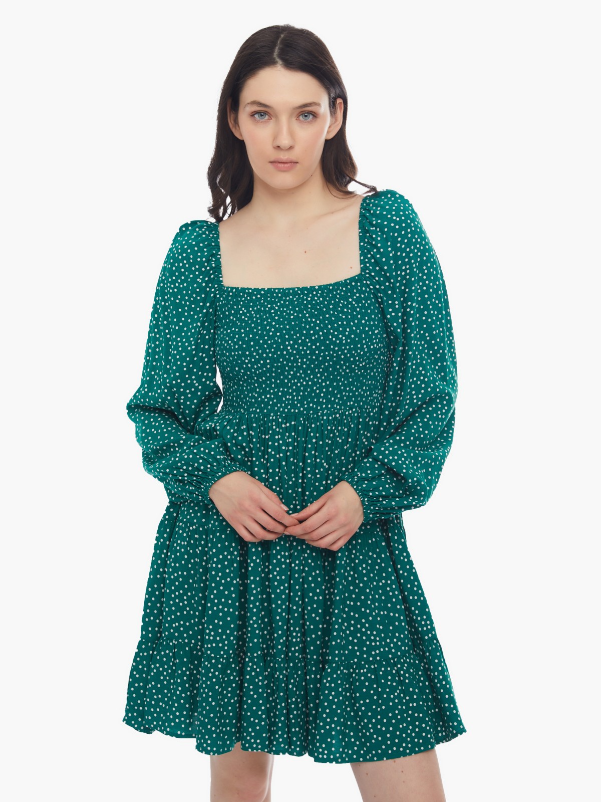 Ярусное платье длины мини на резинке с вырезом zolla 024138259263, цвет темно-зеленый, размер XS