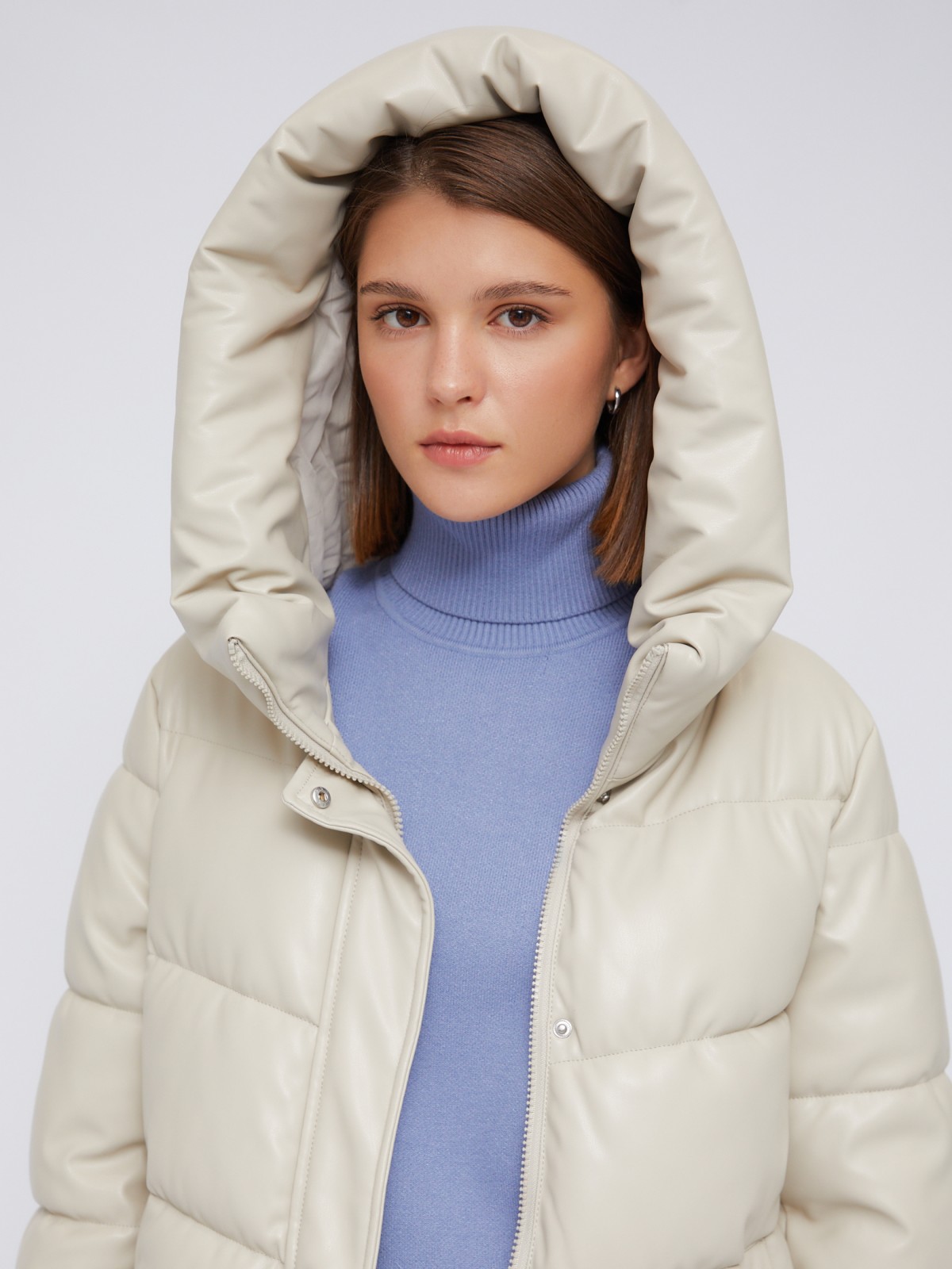 Тёплая стёганая куртка-пальто из экокожи с капюшоном