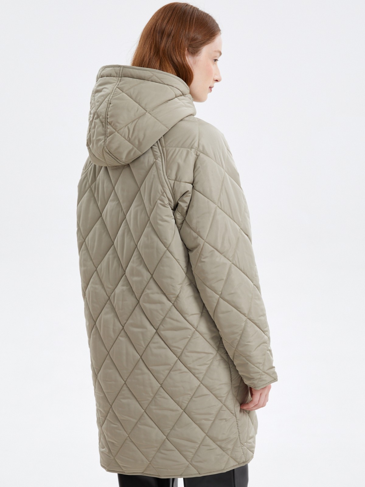 Стёганая куртка-пальто с капюшоном и рукавами реглан