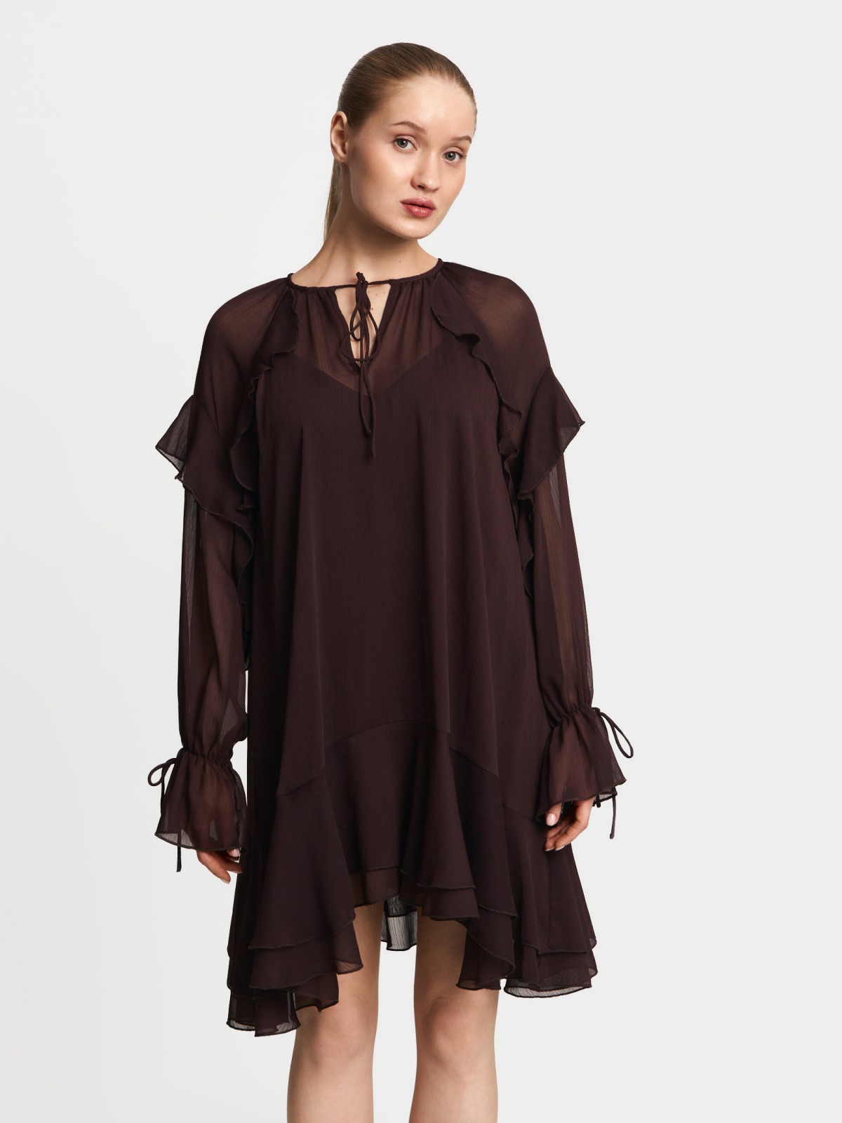 Платье мини из шифона с воланами