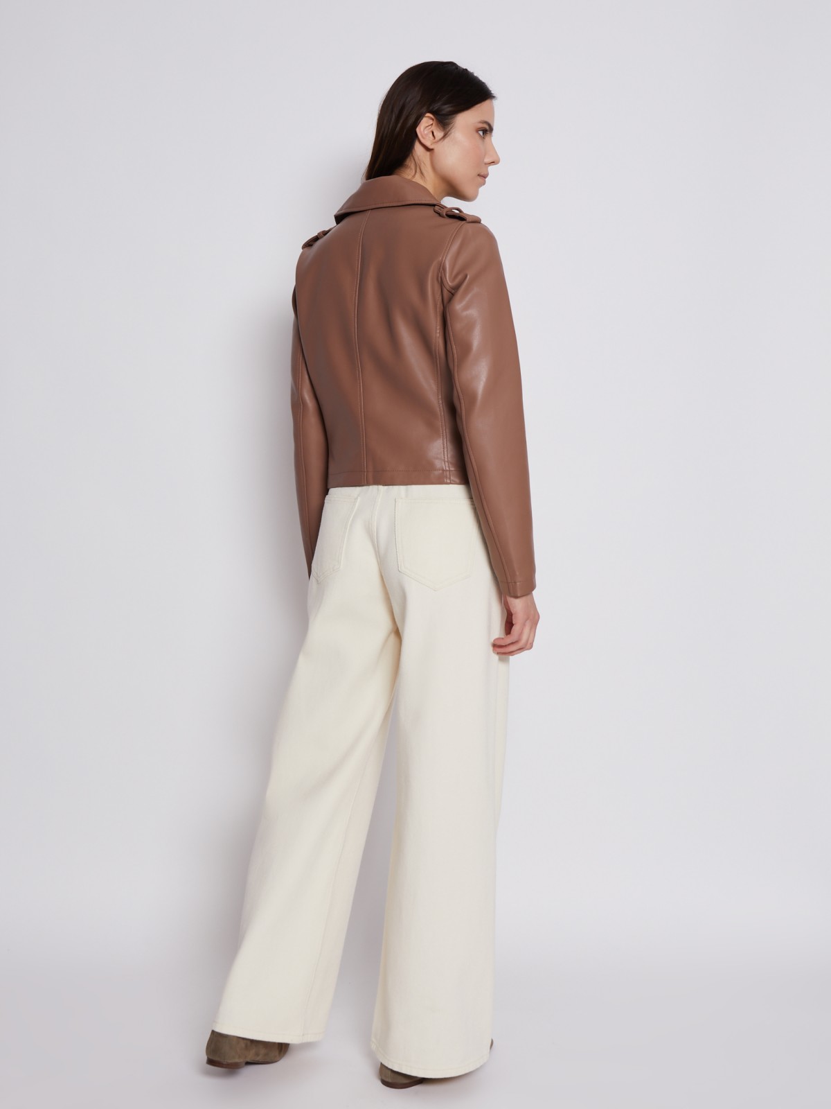 Кожаная куртка-косуха zolla 023215602054, цвет коричневый, размер XS - фото 5