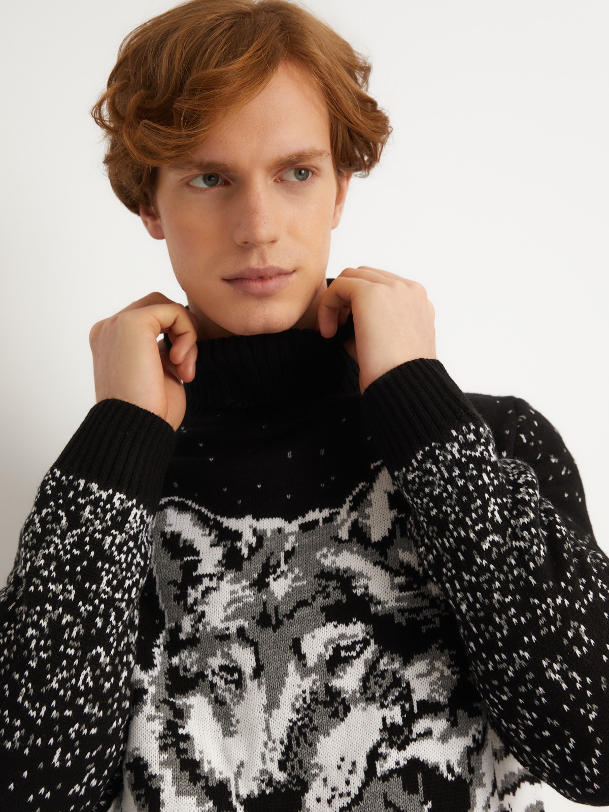 Вязаный свитер из акрила с волком zolla 013446123023, цвет черный, размер S - фото 4