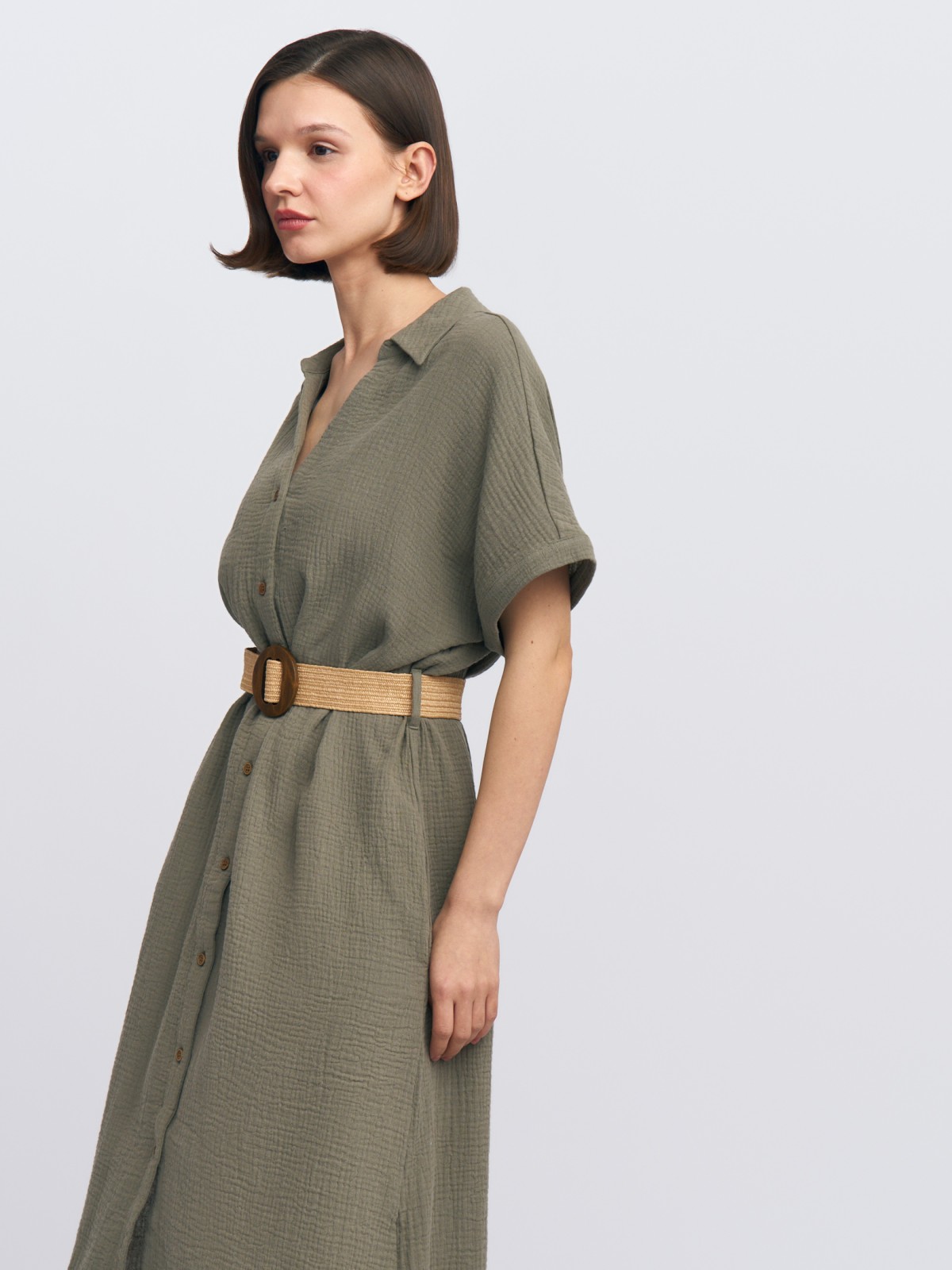 Платье-рубашка из хлопка с коротким рукавом и ремнём