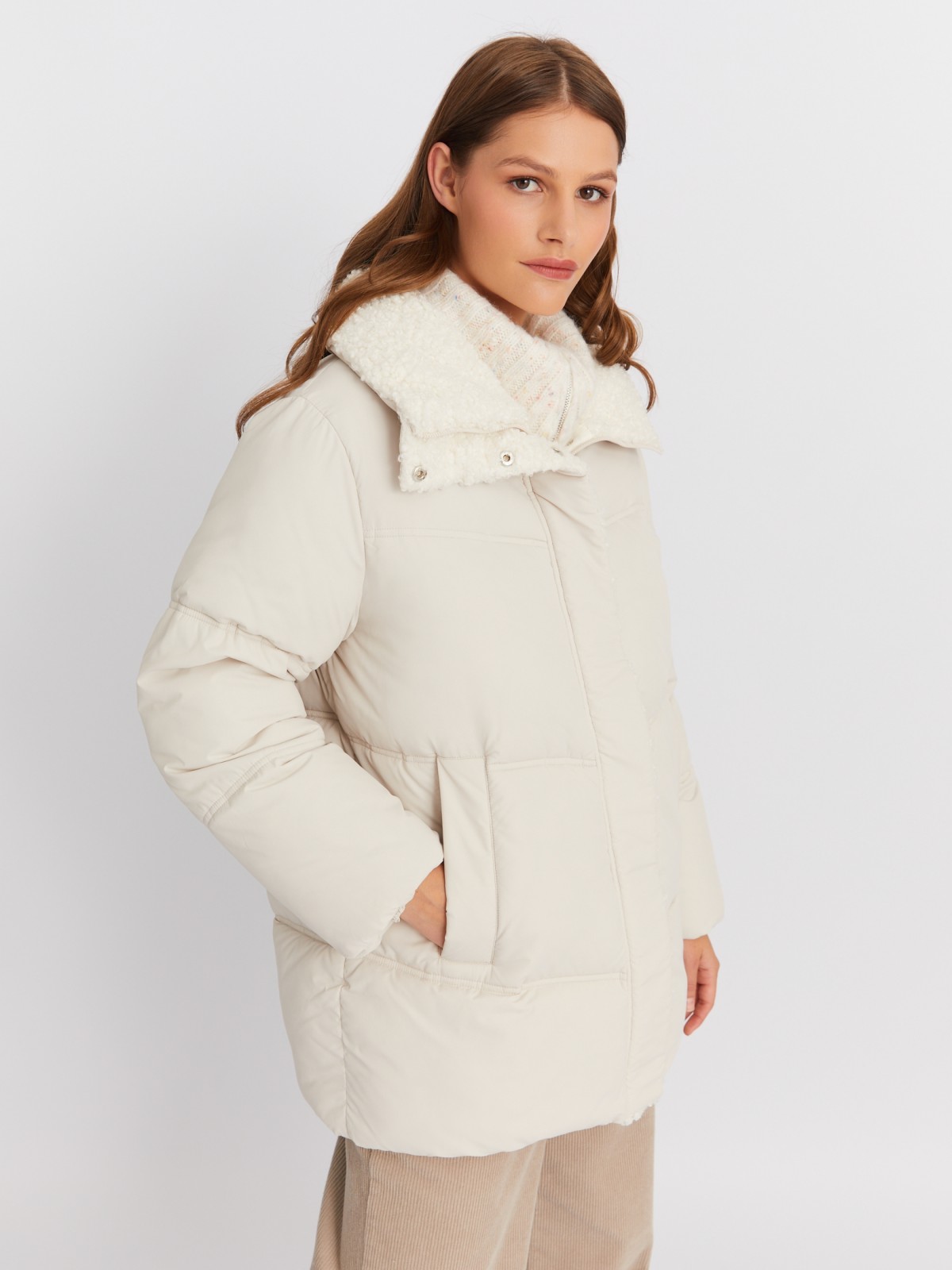 Тёплая стёганая куртка с воротником-стойкой и отделкой из экомеха zolla 023425102044, цвет молоко, размер XS - фото 3