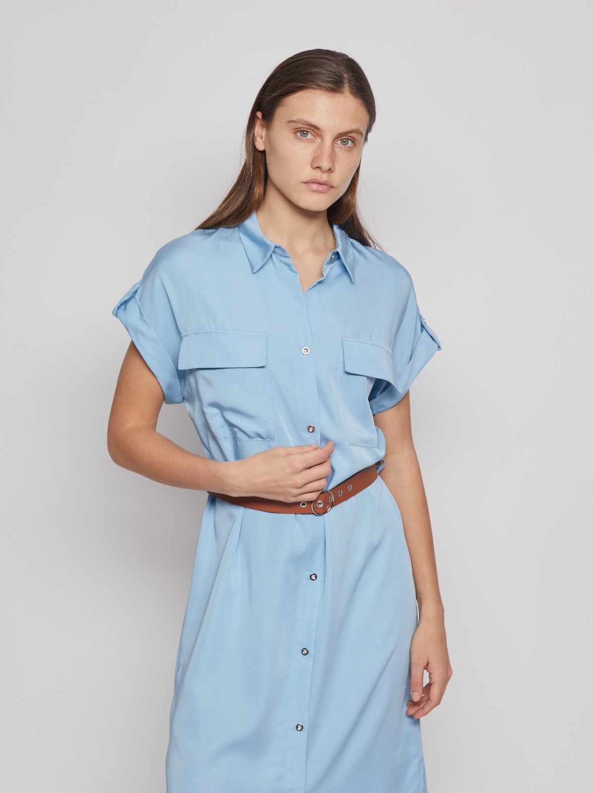 Платье-рубашка с ремнём zolla 022238259043, цвет светло-голубой, размер S - фото 5