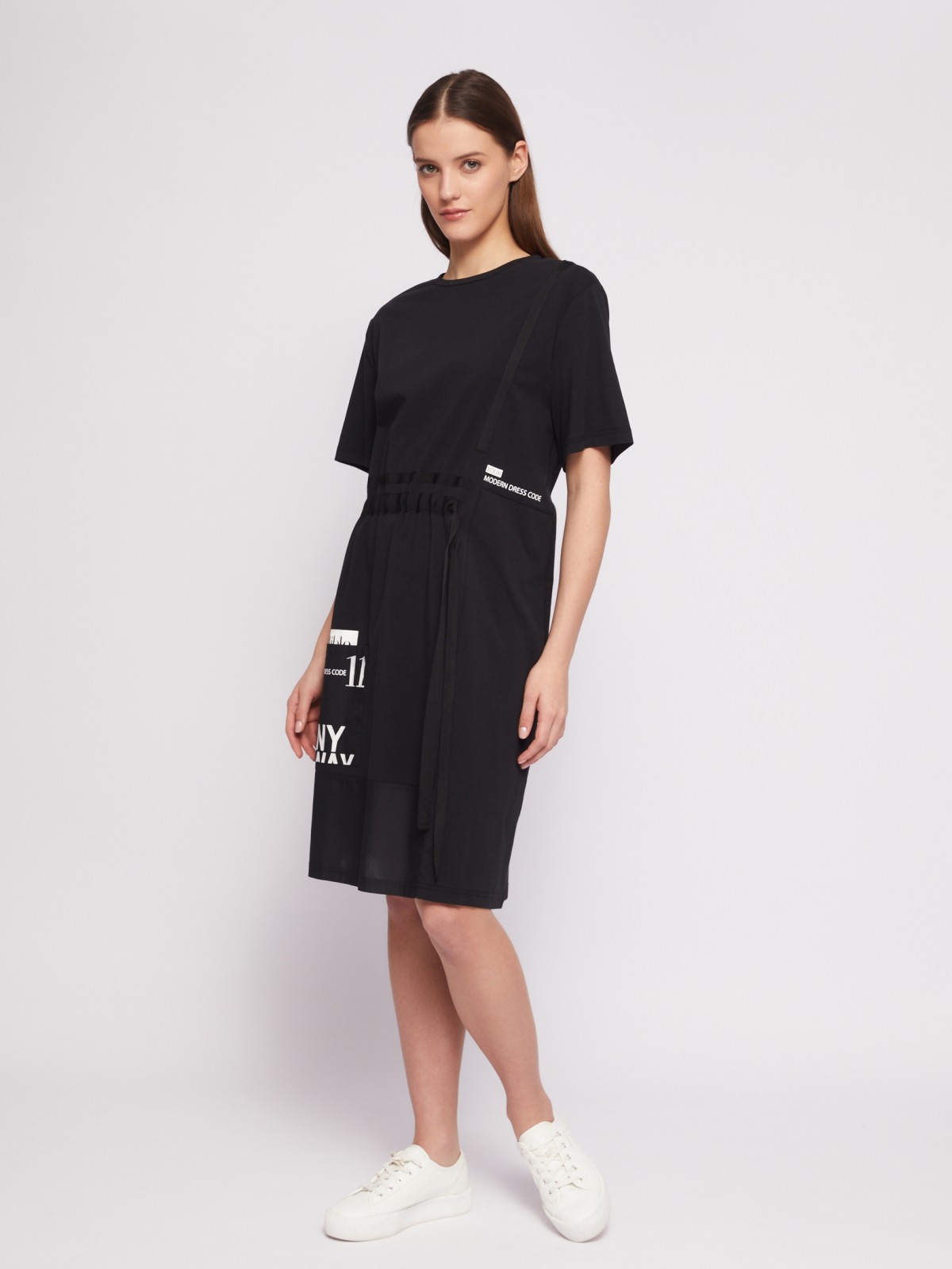 Платье-футболка из хлопка с завязками на талии zolla 024218139021, цвет черный, размер S - фото 2