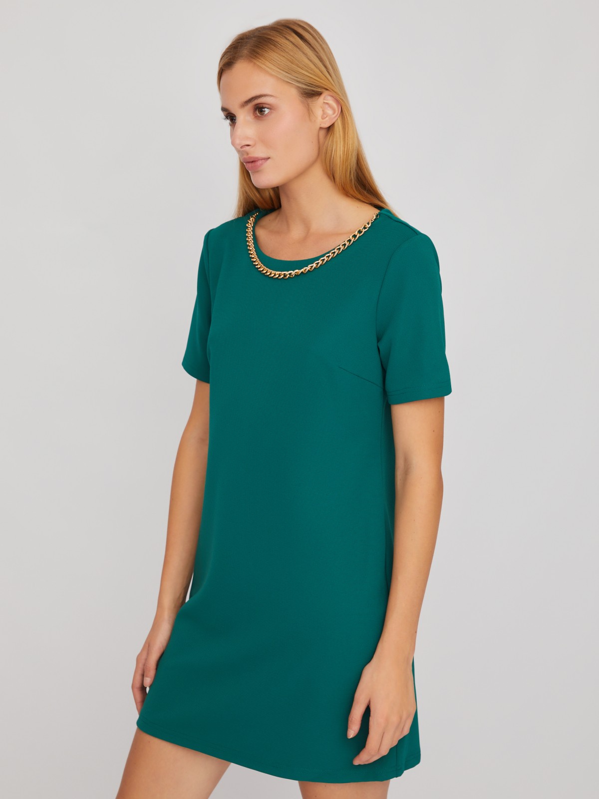 Платье длины мини с коротким рукавом и декоративной цепочкой zolla 02411819F472, цвет темно-зеленый, размер M - фото 3