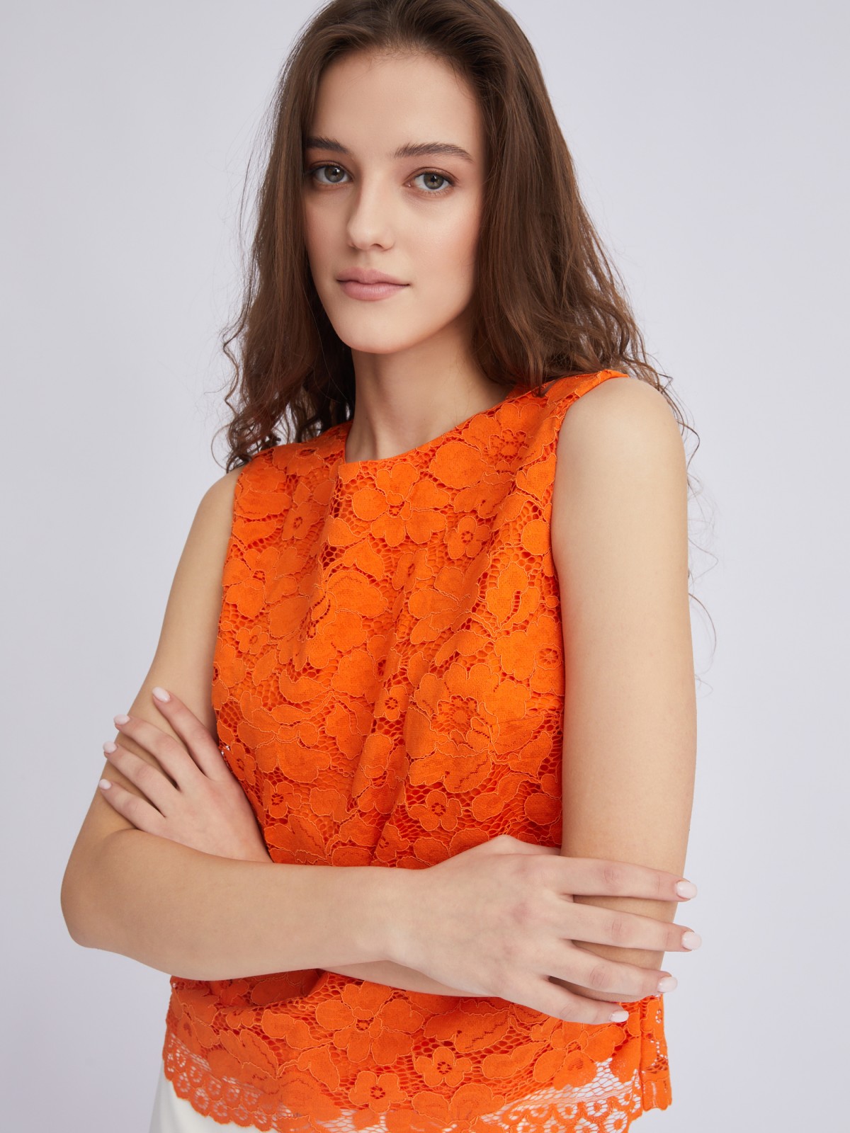 Кружевной топ-блузка без рукавов zolla 02324132L053, цвет оранжевый, размер XS - фото 4