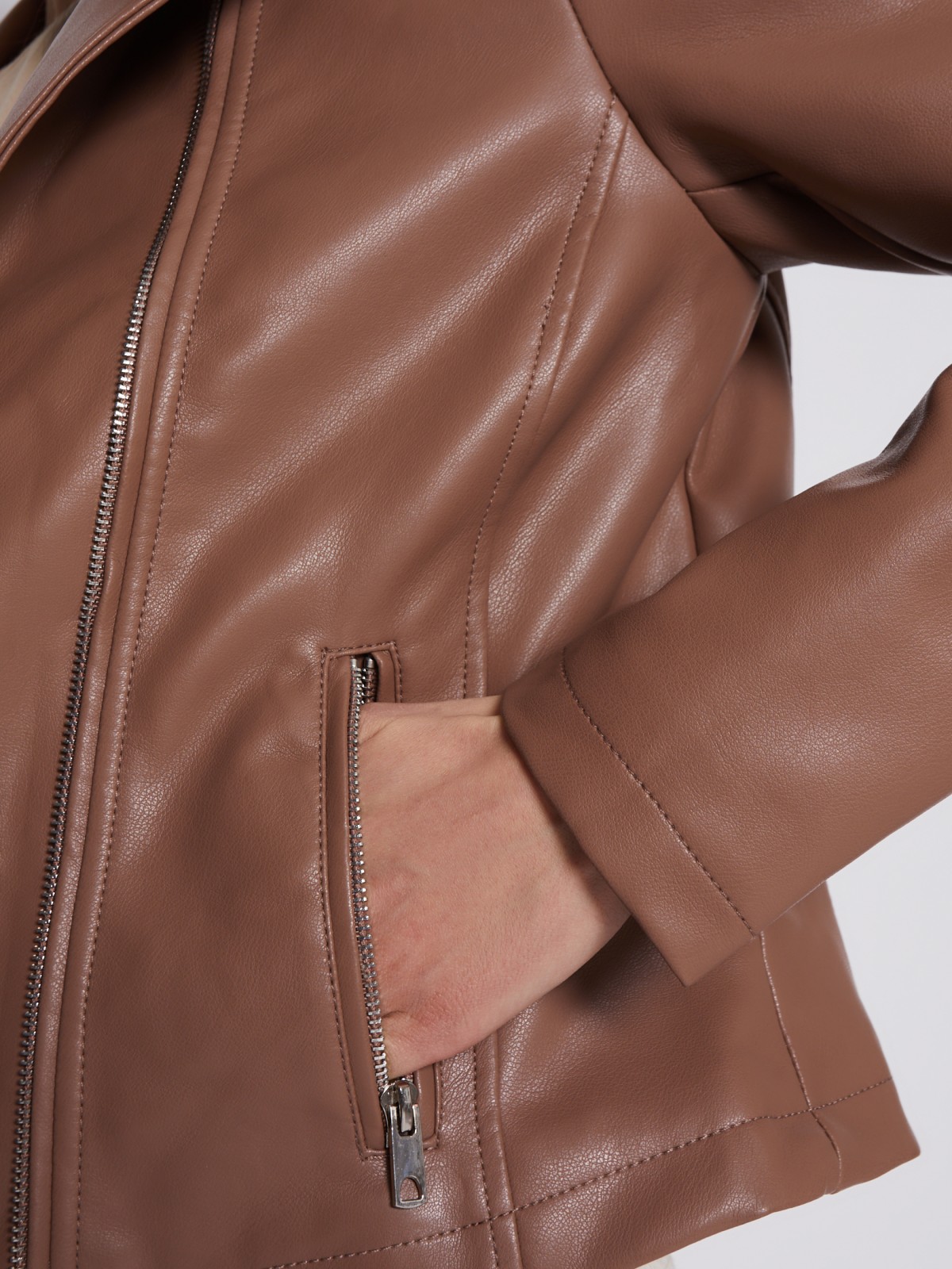 Кожаная куртка-косуха zolla 023215602054, цвет коричневый, размер XS - фото 4