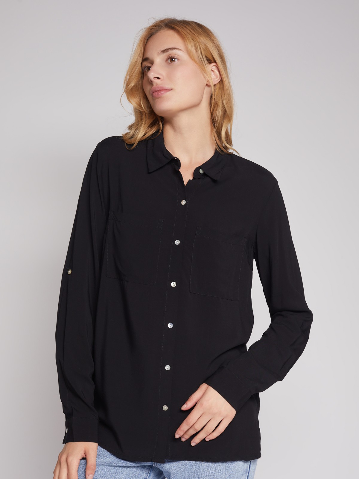 Рубашка с подхватами на рукавах zolla 022311162172, цвет черный, размер XS - фото 3