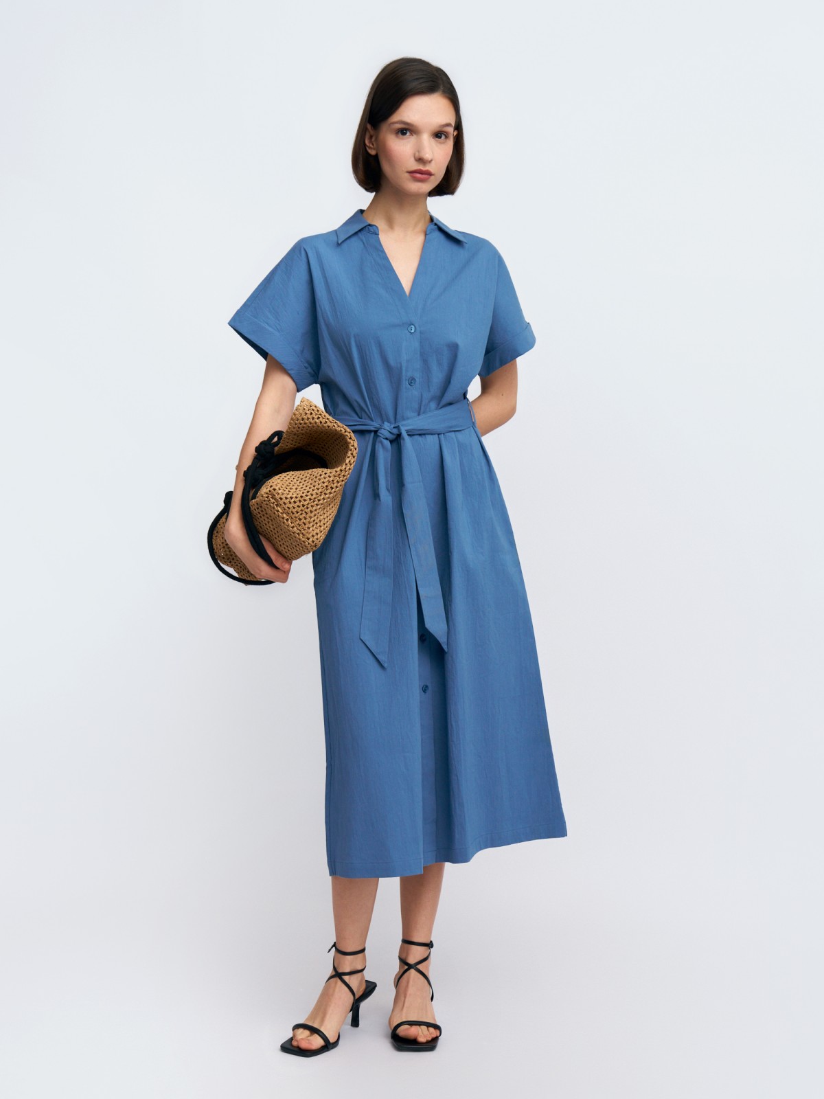 Платье-рубашка из хлопка с коротким рукавом и поясом