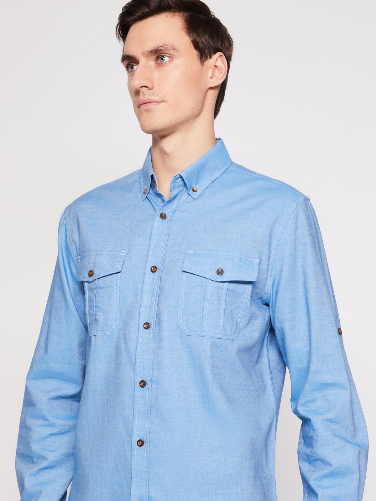 Хлопковая рубашка с длинным рукавом zolla 012122159063, цвет голубой, размер M - фото 3