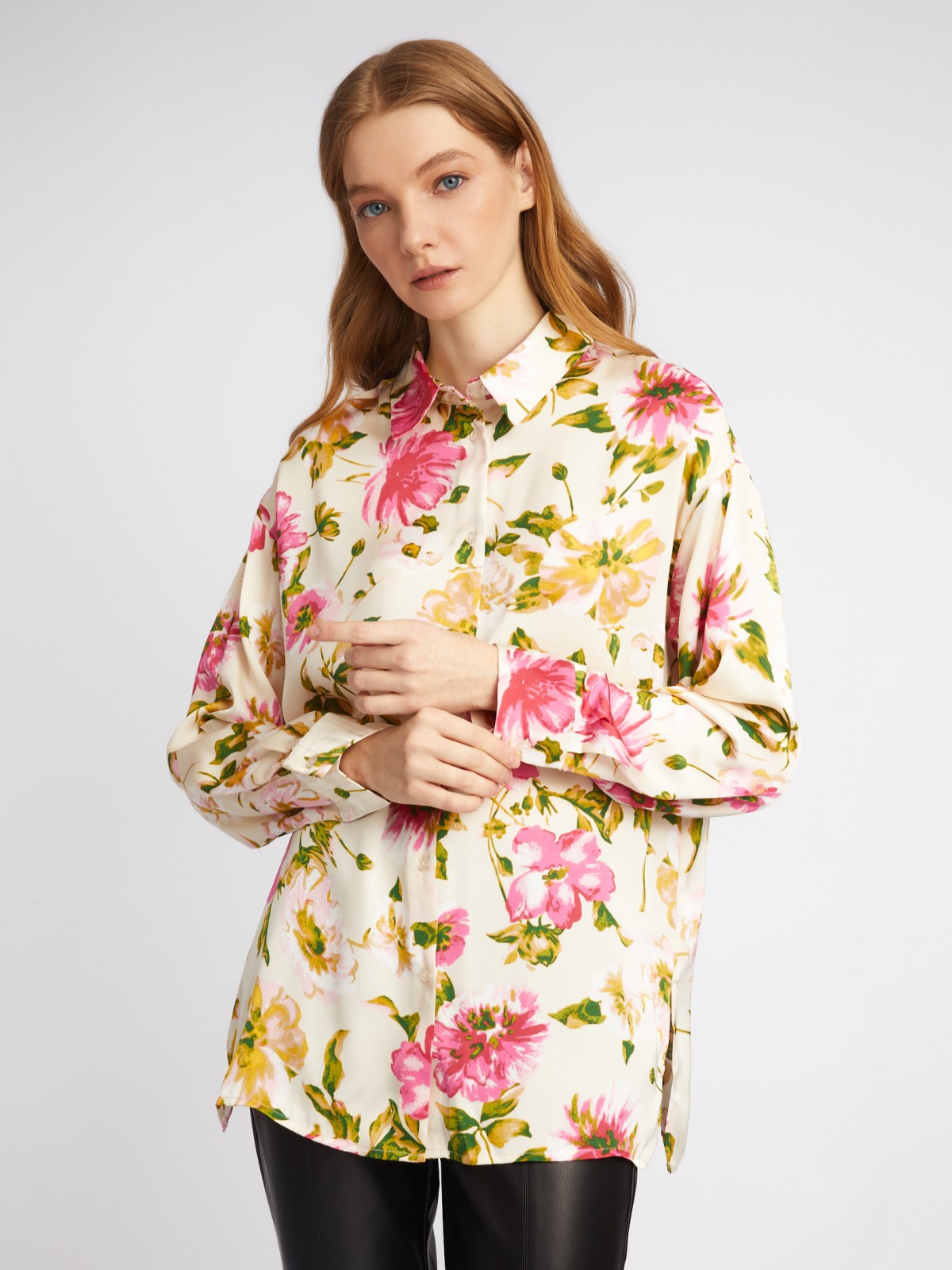 Атласная рубашка оверсайз силуэта с цветочным принтом zolla 02413117Y213, размер XS - фото 3