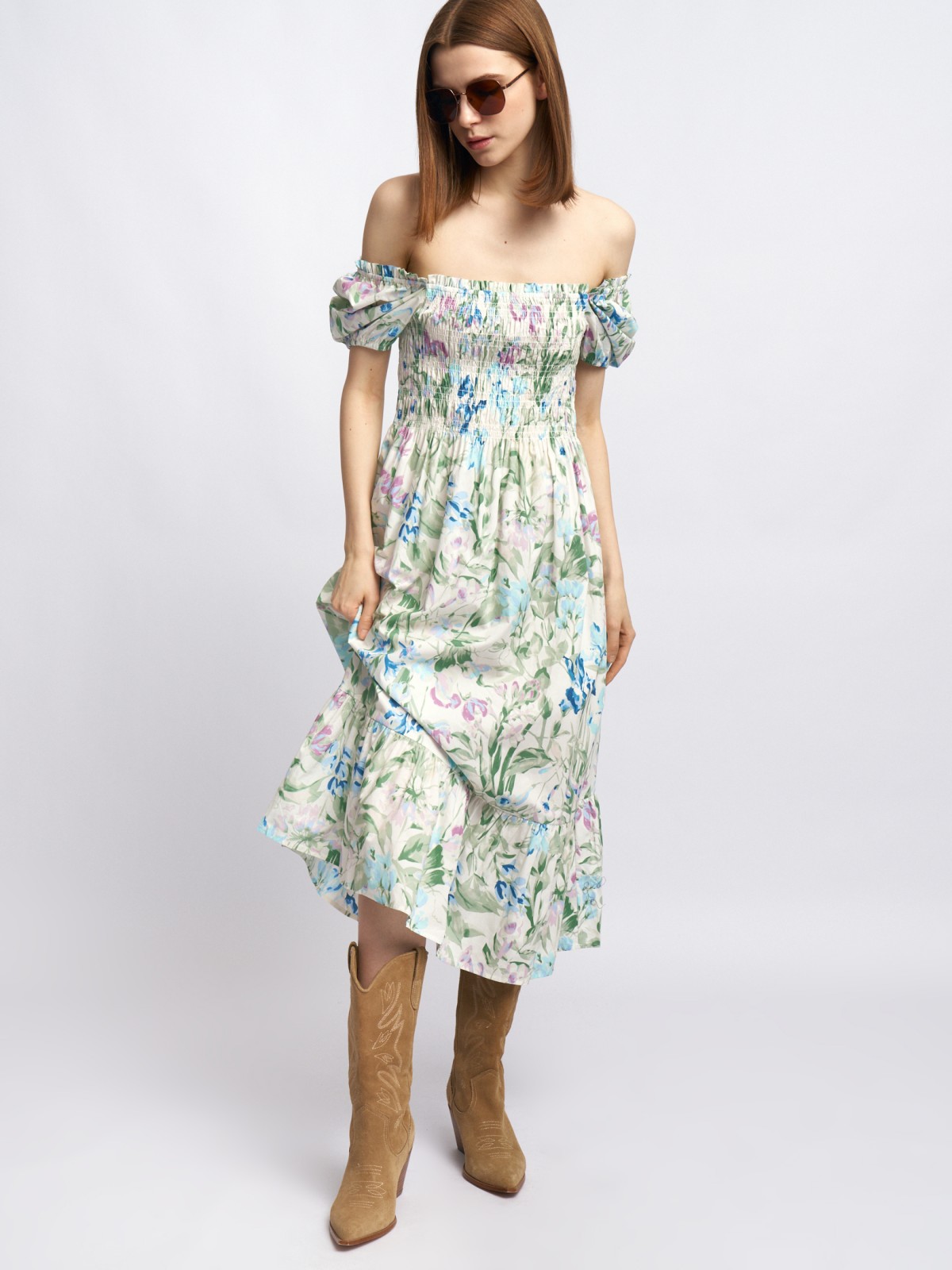 Платье из хлопка на резинке с воланом