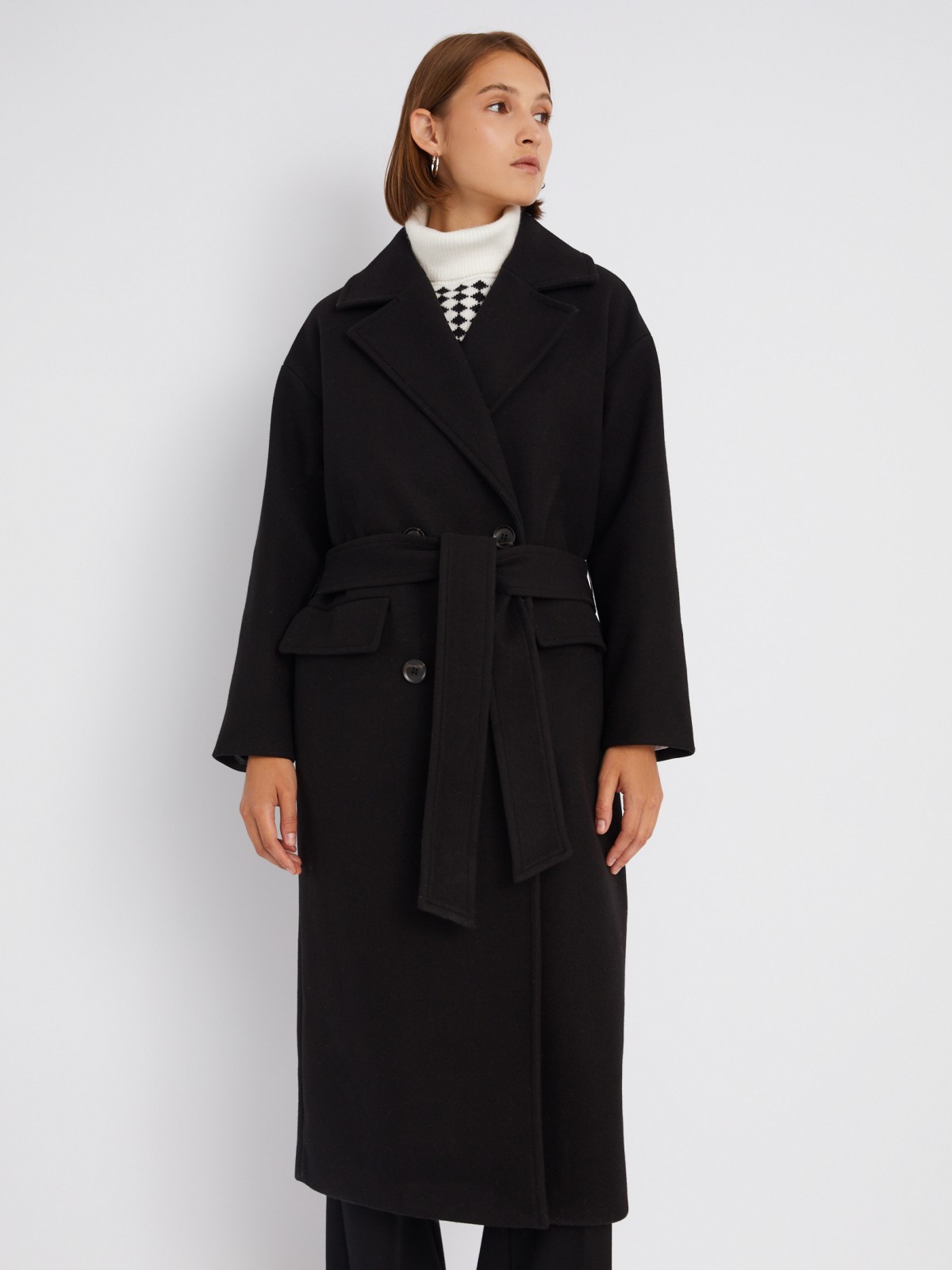Длинное пальто оверсайз силуэта без утеплителя на пуговицах с поясом zolla 023335857024, цвет черный, размер XS - фото 4