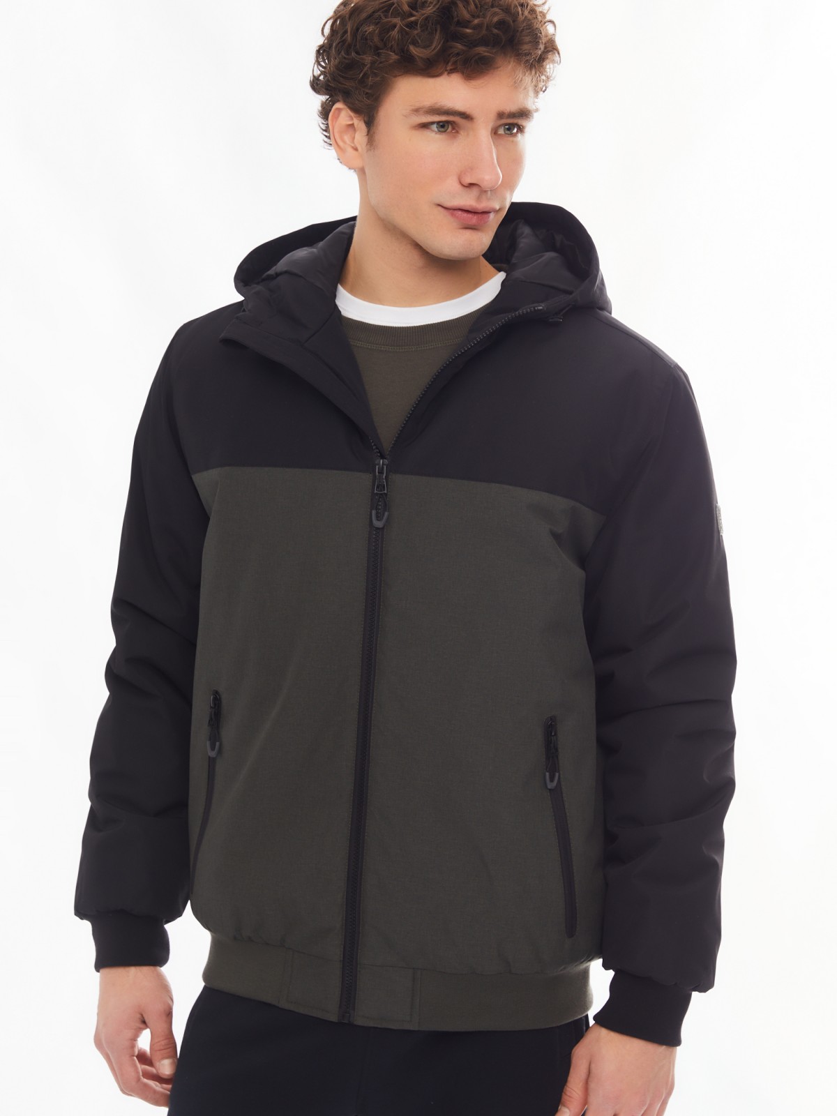 Утеплённая куртка-бомбер на синтепоне с капюшоном zolla 01412510L034, цвет хаки, размер M - фото 4