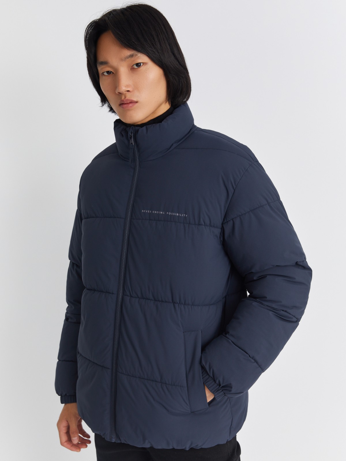 Тёплая стёганая куртка на молнии с воротником-стойкой zolla 01334510L134, цвет синий, размер S - фото 3