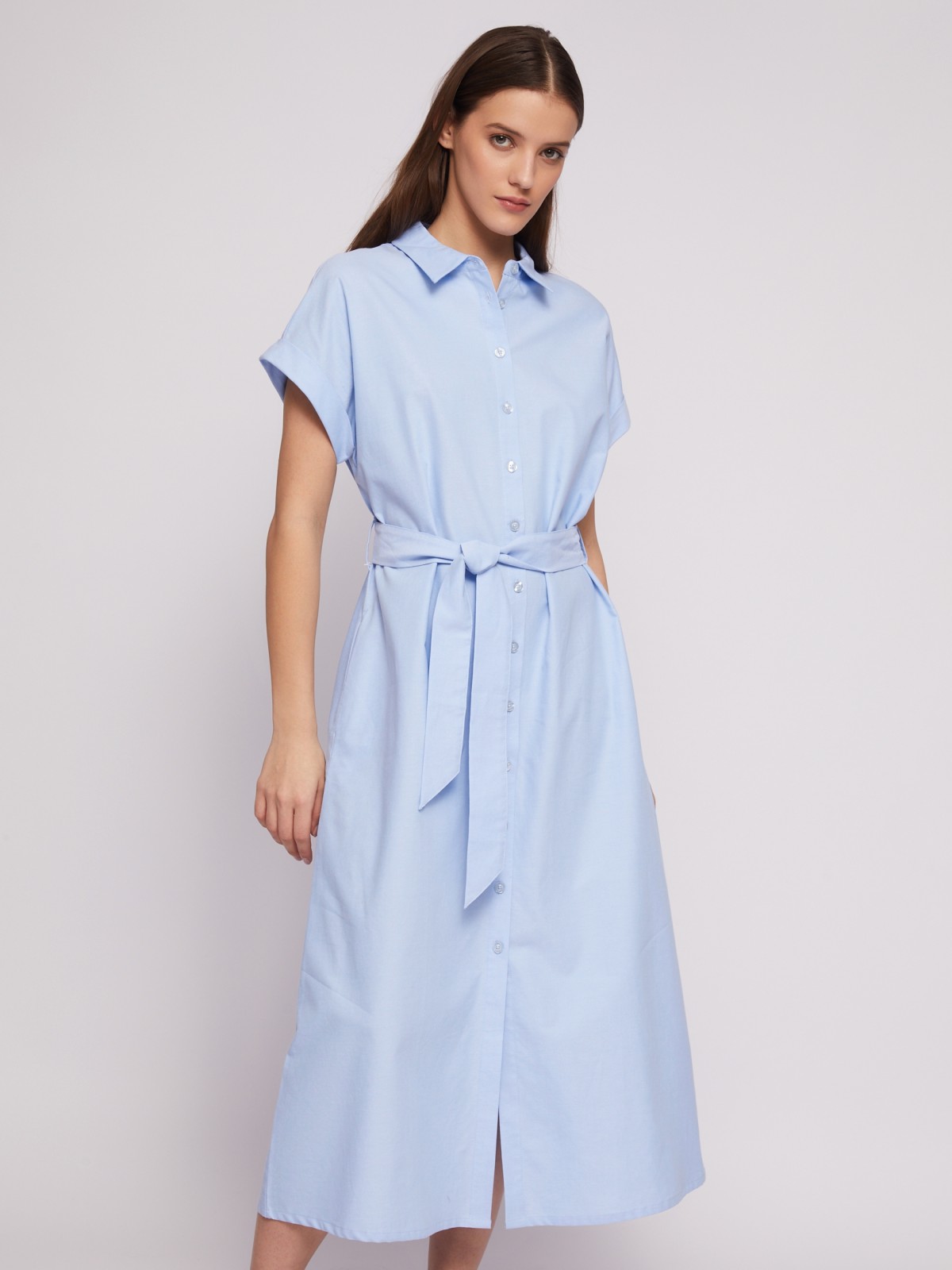 Платье-рубашка из хлопка с коротким рукавом и поясом zolla 024218262353, цвет светло-голубой, размер XS