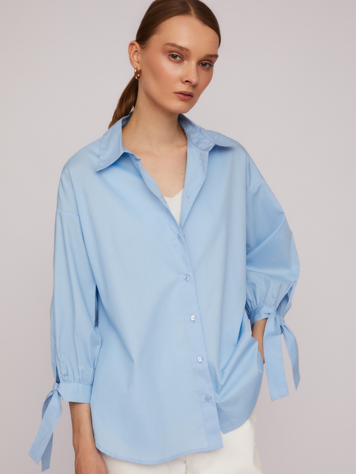 Рубашка из хлопка оверсайз силуэта с акцентными манжетами zolla 024211159033, цвет голубой, размер M - фото 5