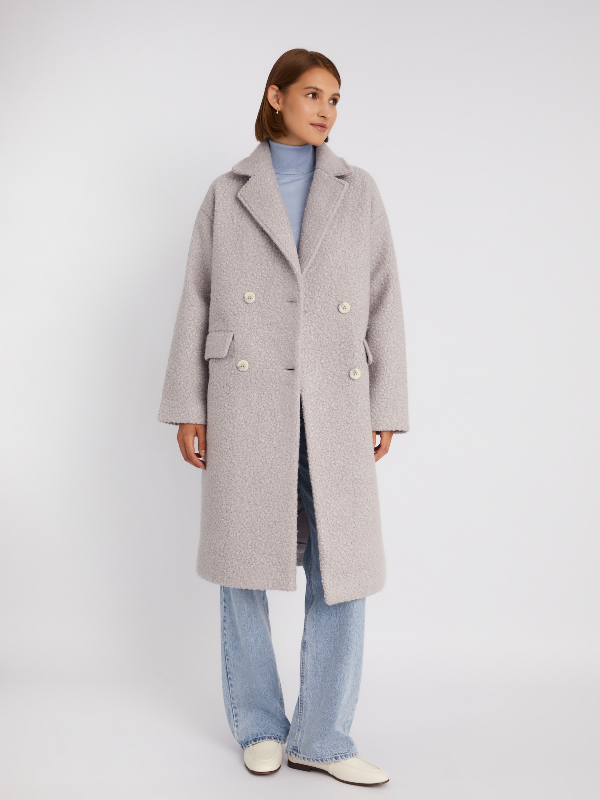 Длинное пальто оверсайз силуэта из ткани букле без утеплителя на пуговицах zolla 023335807034, цвет светло-серый, размер XS - фото 2