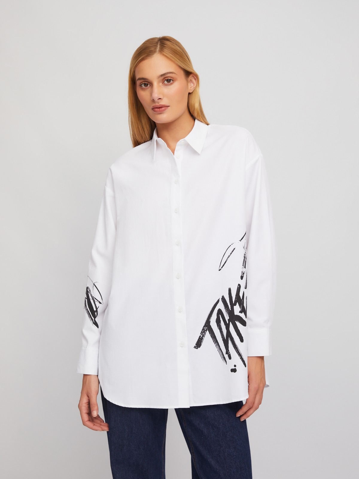 Рубашка удлинённого силуэта с принтом zolla 02411117Y293, цвет белый, размер XS
