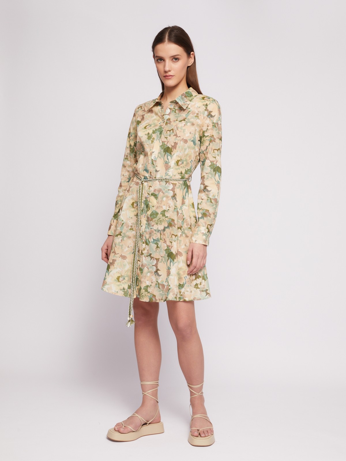 Платье-рубашка из хлопка с принтом и поясом на талии zolla 024218291191, цвет лайм, размер M