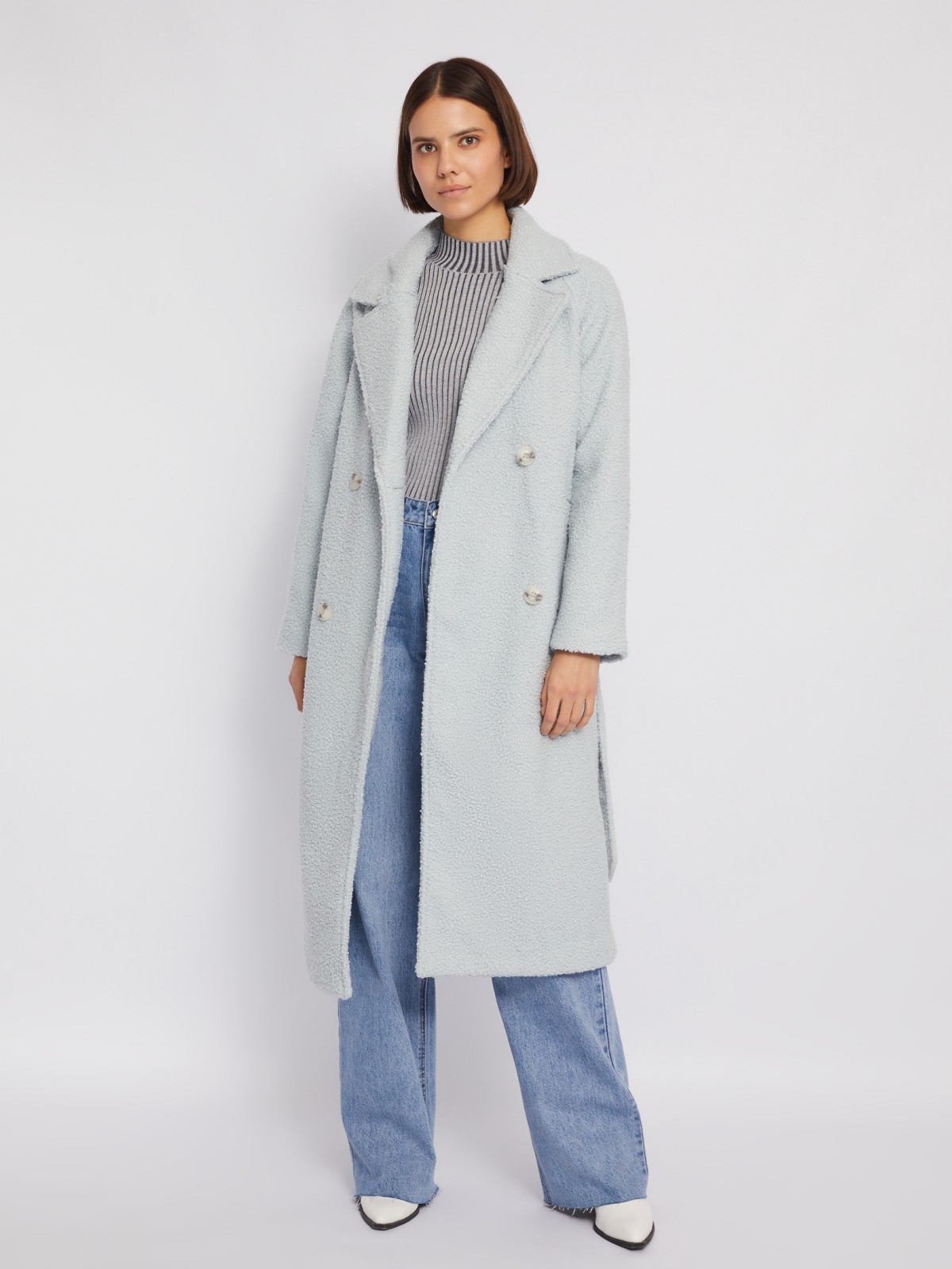 Длинное пальто букле без утеплителя с рукавами реглан и поясом