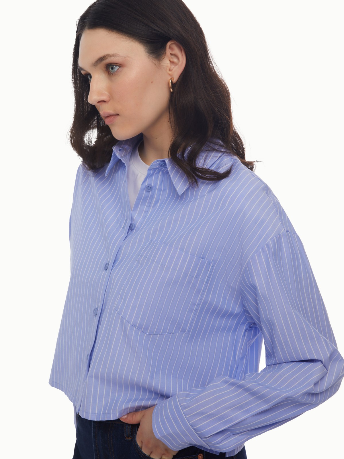 Рубашка укороченного силуэта с узором в полоску zolla 024131159163, цвет светло-голубой, размер XS - фото 4