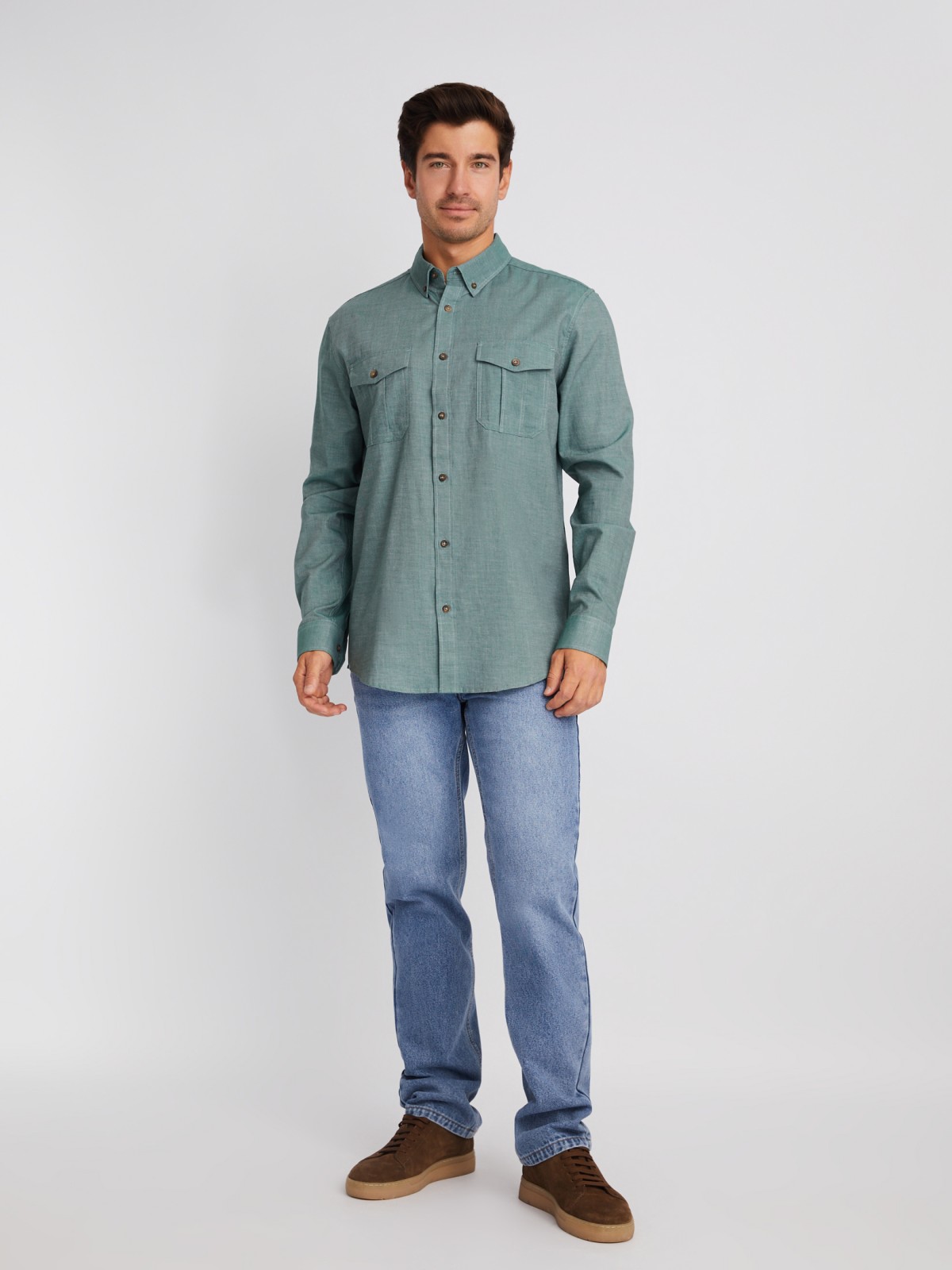 Рубашка из хлопка с длинным рукавом и карманами zolla 01413214R033, цвет зеленый, размер M - фото 2