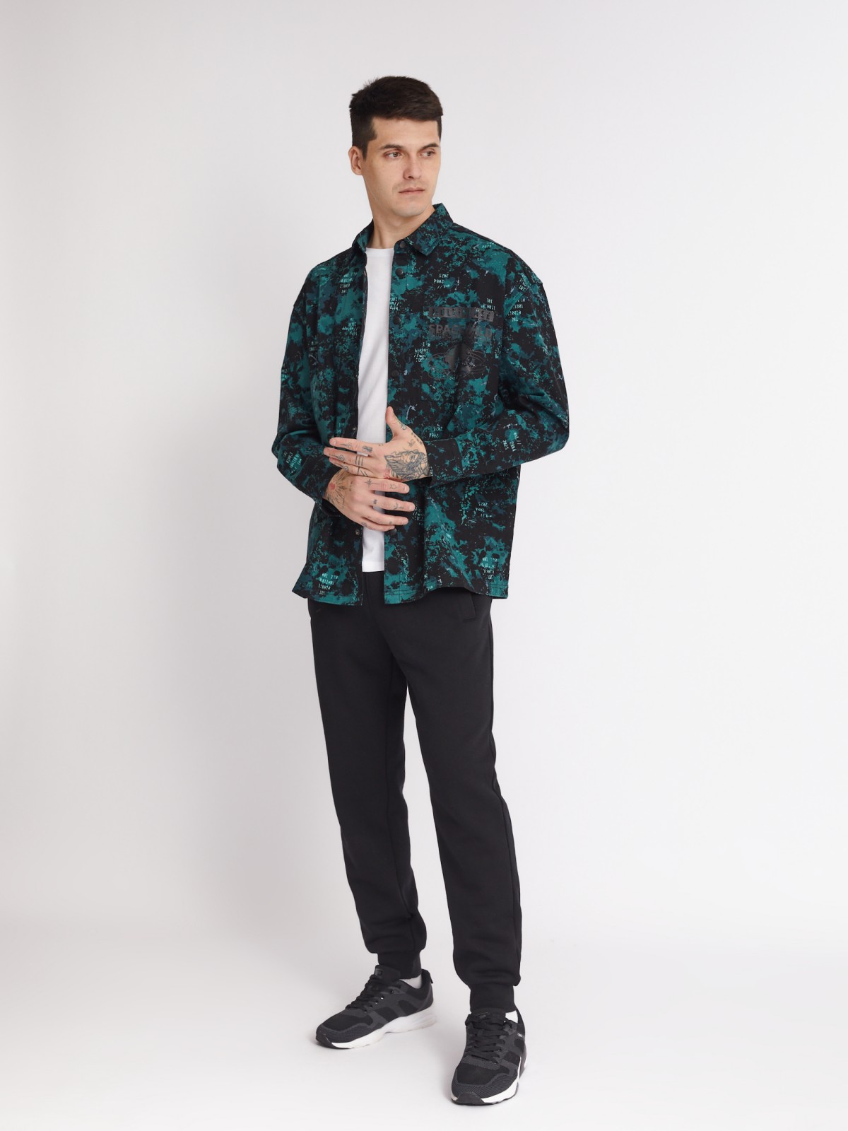 Куртка-рубашка из хлопка с принтом и нагрудным карманом zolla 213322191021, цвет бирюзовый, размер S - фото 2