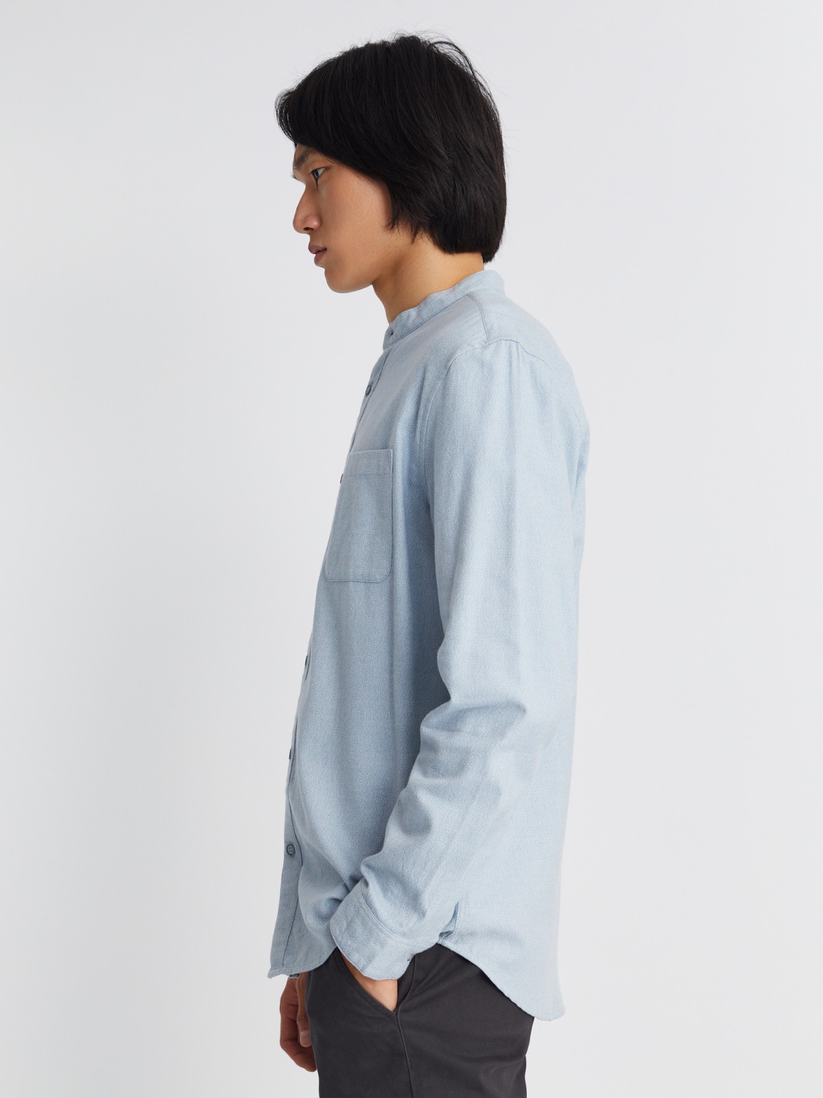 Фланелевая рубашка из хлопка с воротником-стойкой и длинным рукавом zolla 013332162013, цвет светло-голубой, размер S - фото 4