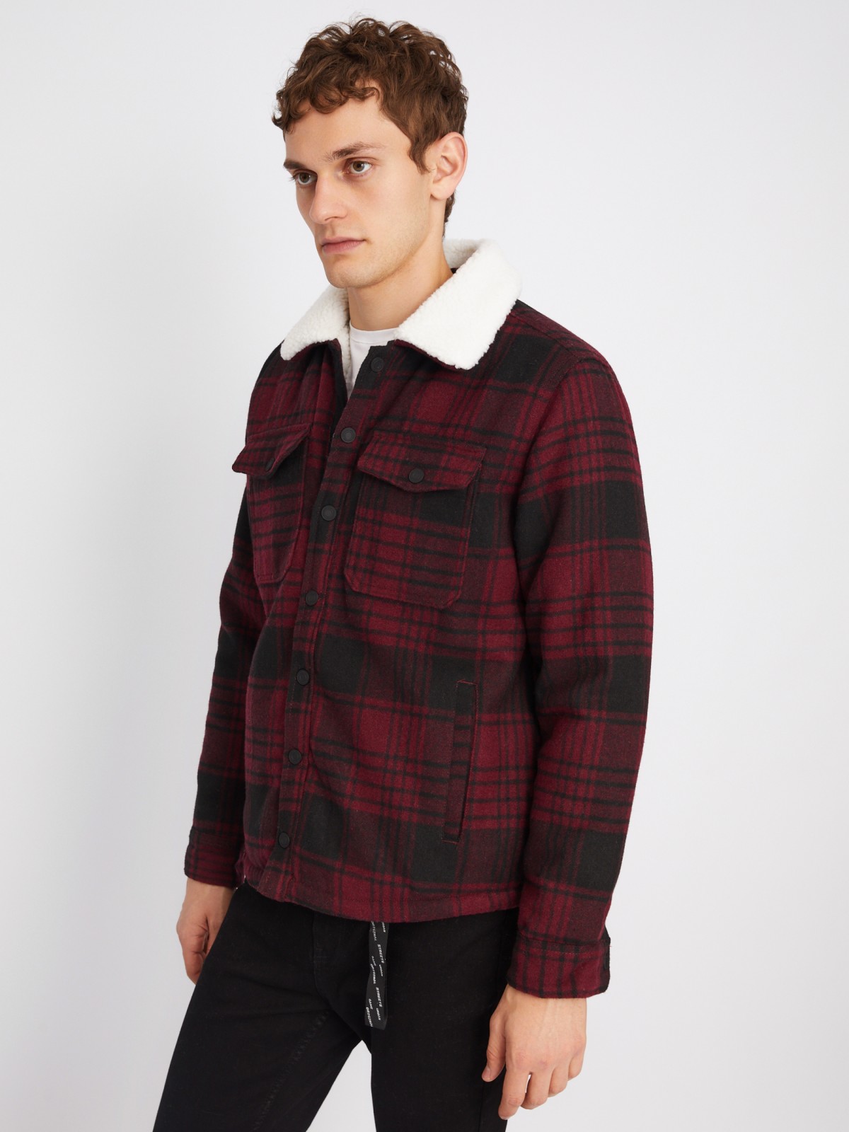 Утеплённая куртка-рубашка с экомехом и узором в клетку zolla 013335859034, цвет красный, размер XL - фото 3