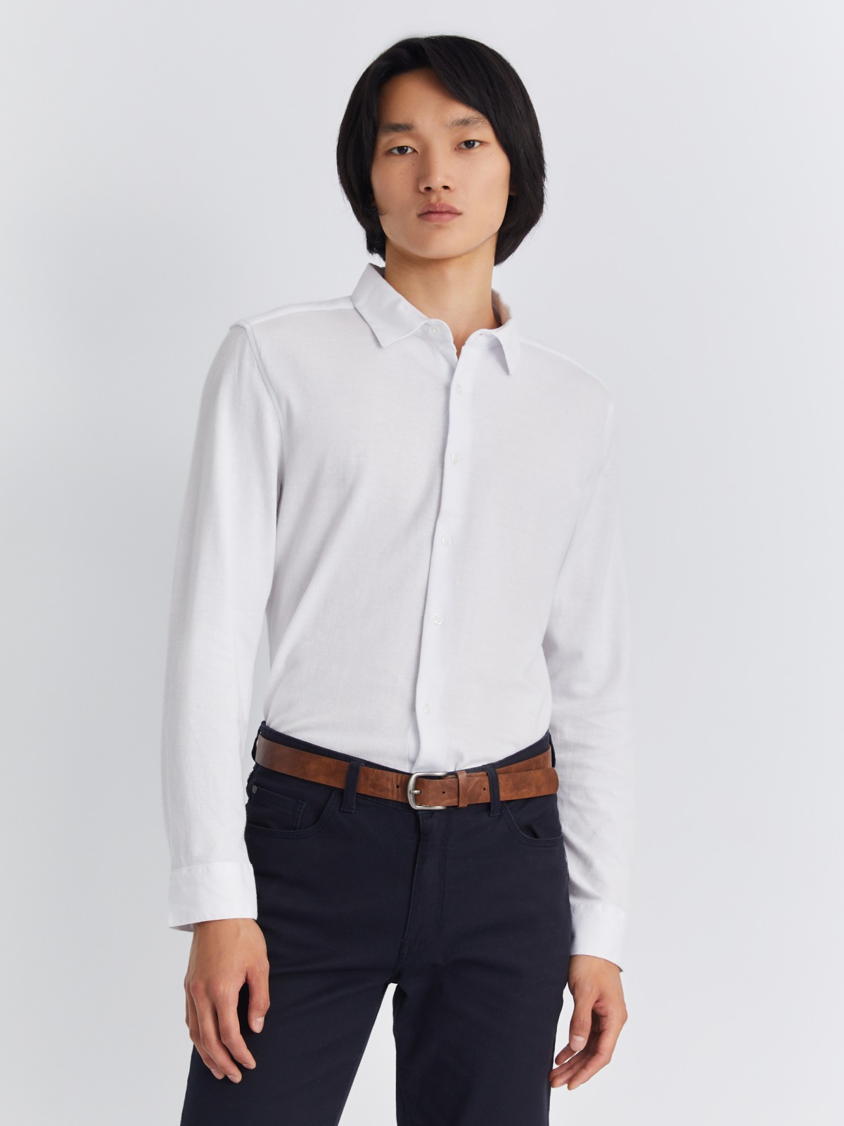 Рубашка полуприлегающего силуэта из трикотажной ткани с длинным рукавом zolla 012322159141, цвет белый, размер S - фото 1