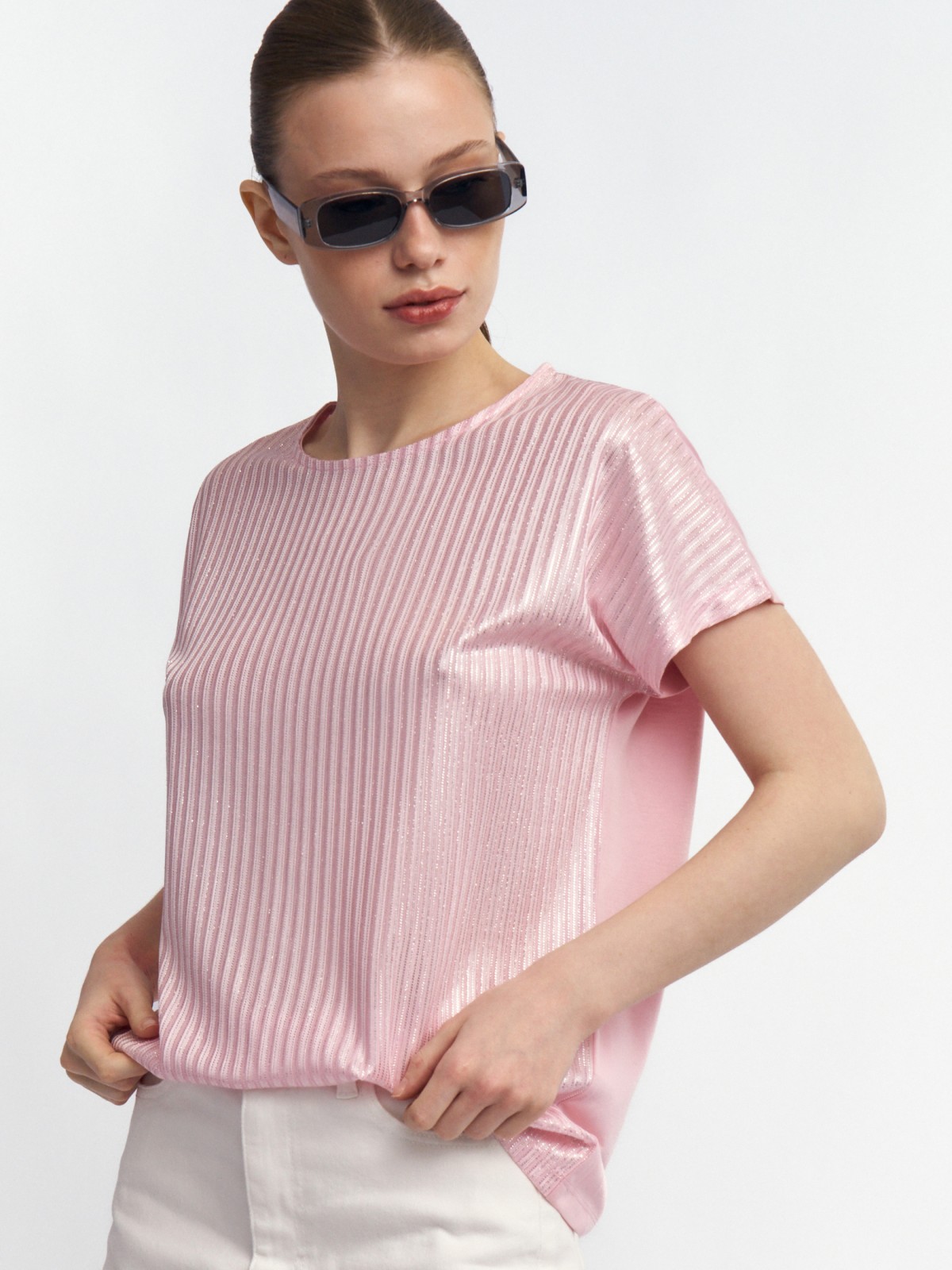 Трикотажный комбинированный топ-блузка с блеском