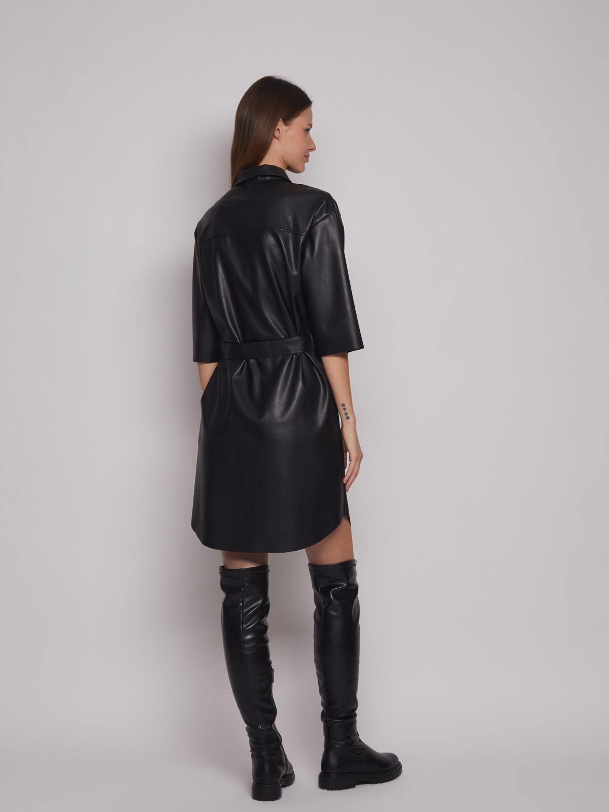 Платье-рубашка из экокожи с поясом zolla 223128259051, цвет черный, размер S - фото 5