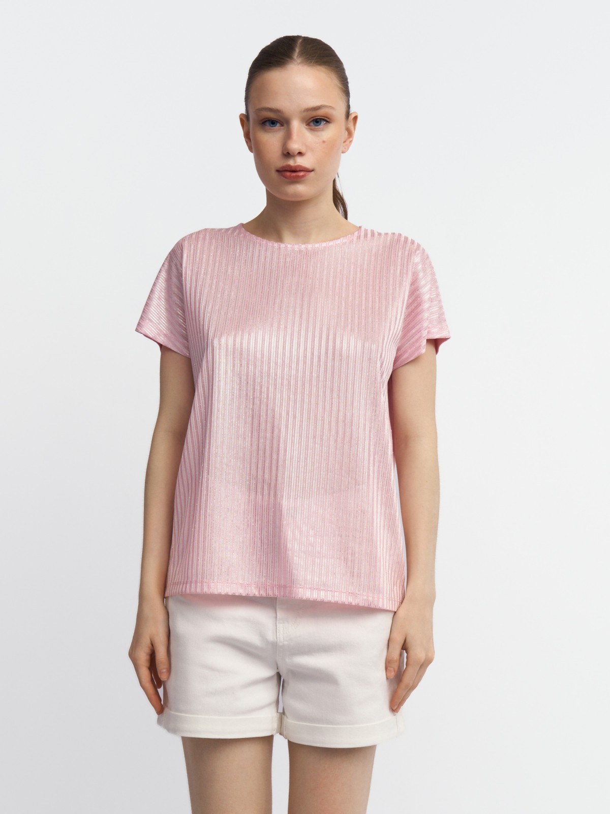 Трикотажный комбинированный топ-блузка с блеском