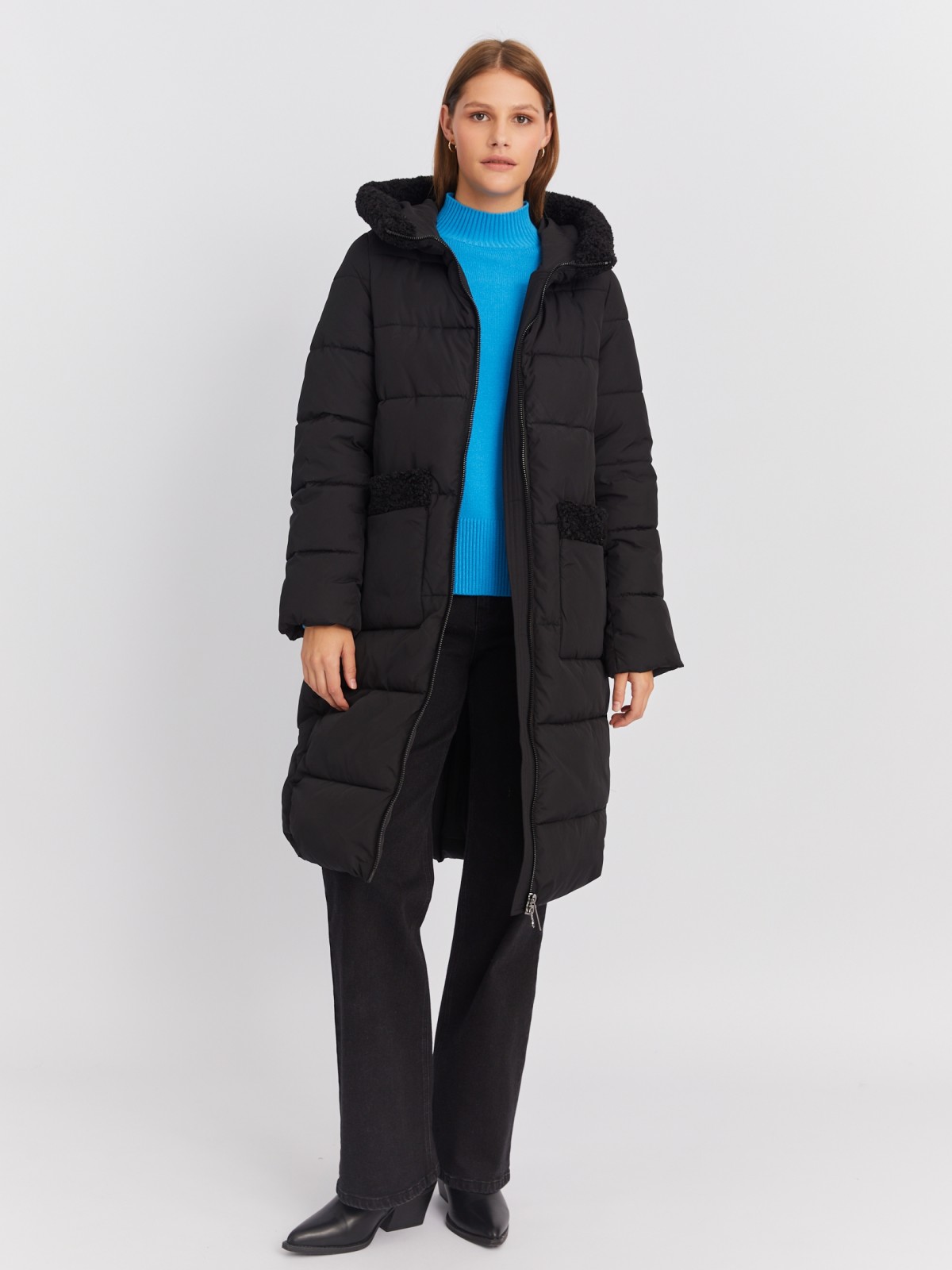 Тёплая куртка-пальто с капюшоном и отделкой из экомеха zolla 022425276044, цвет черный, размер M - фото 2