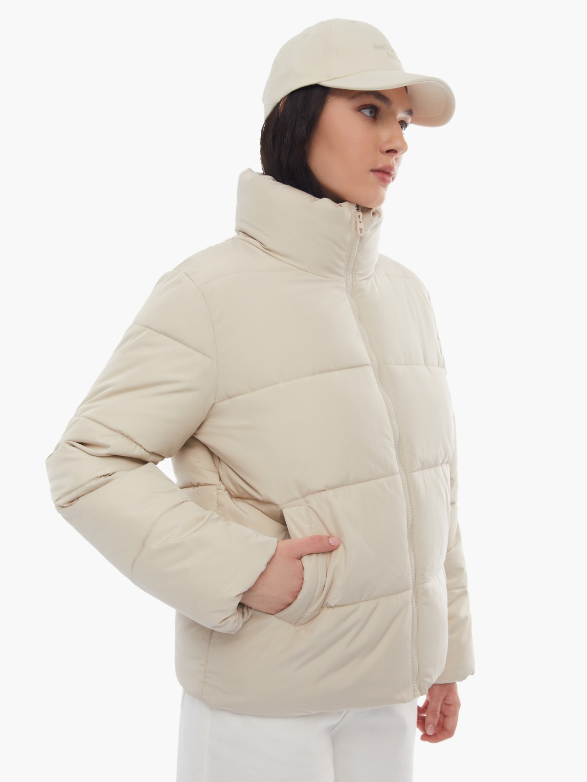 Тёплая короткая куртка на молнии с высоким воротником zolla 024125112024, цвет бежевый, размер XS - фото 3
