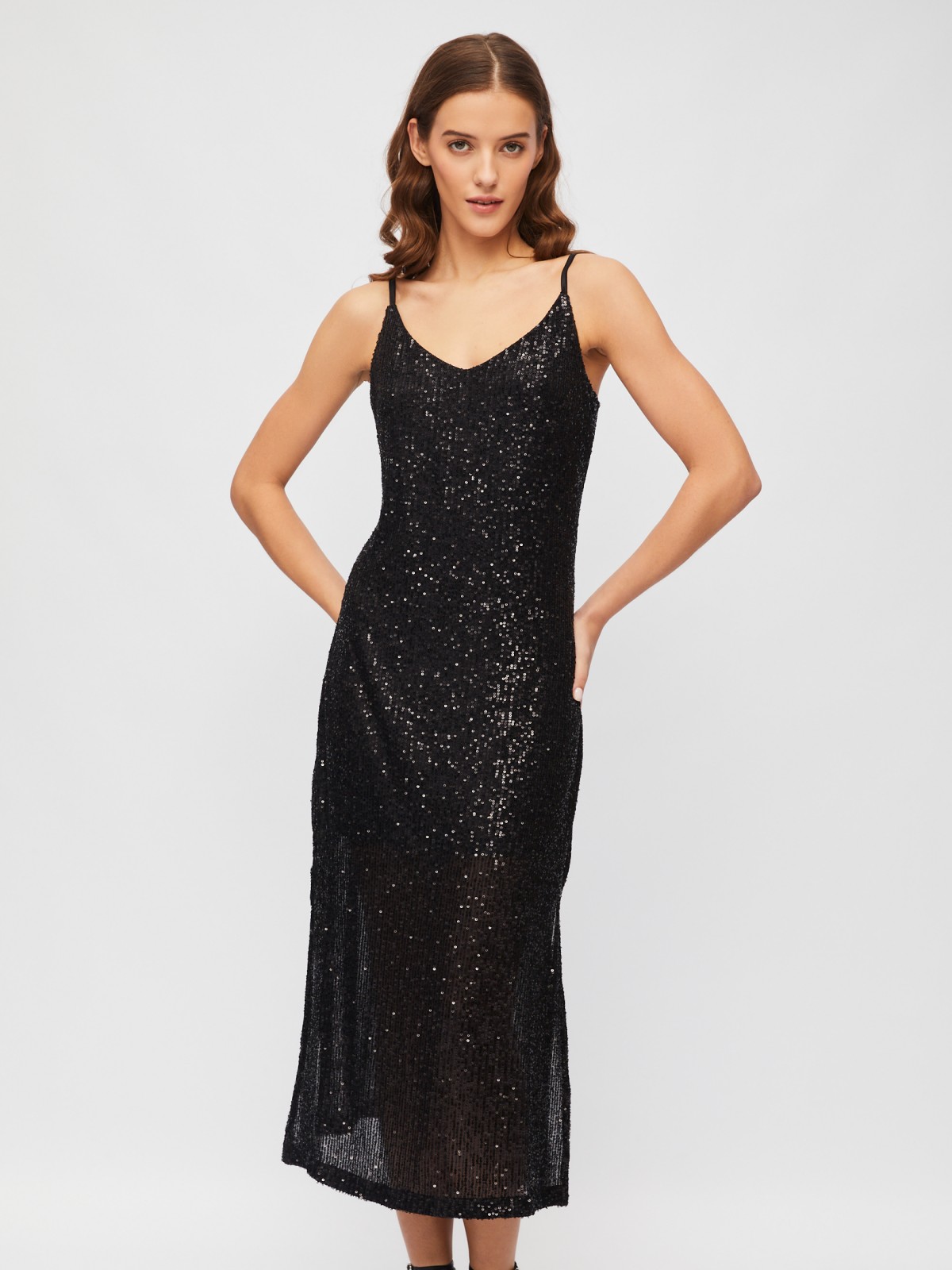 Платье-комбинация с разрезами на подоле и пайетками zolla 22345817Y031, цвет черный, размер XS