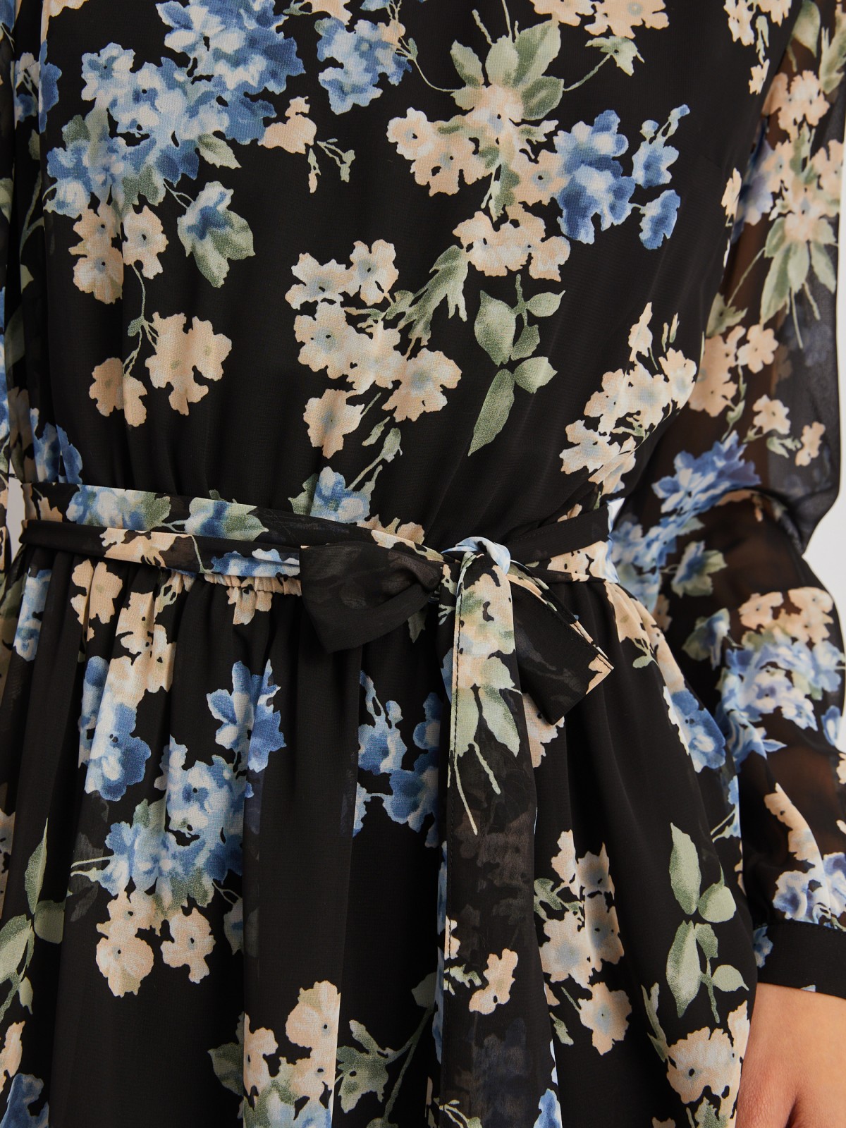 Шифоновое платье с цветочным принтом и поясом zolla 024118259192, размер XS - фото 4
