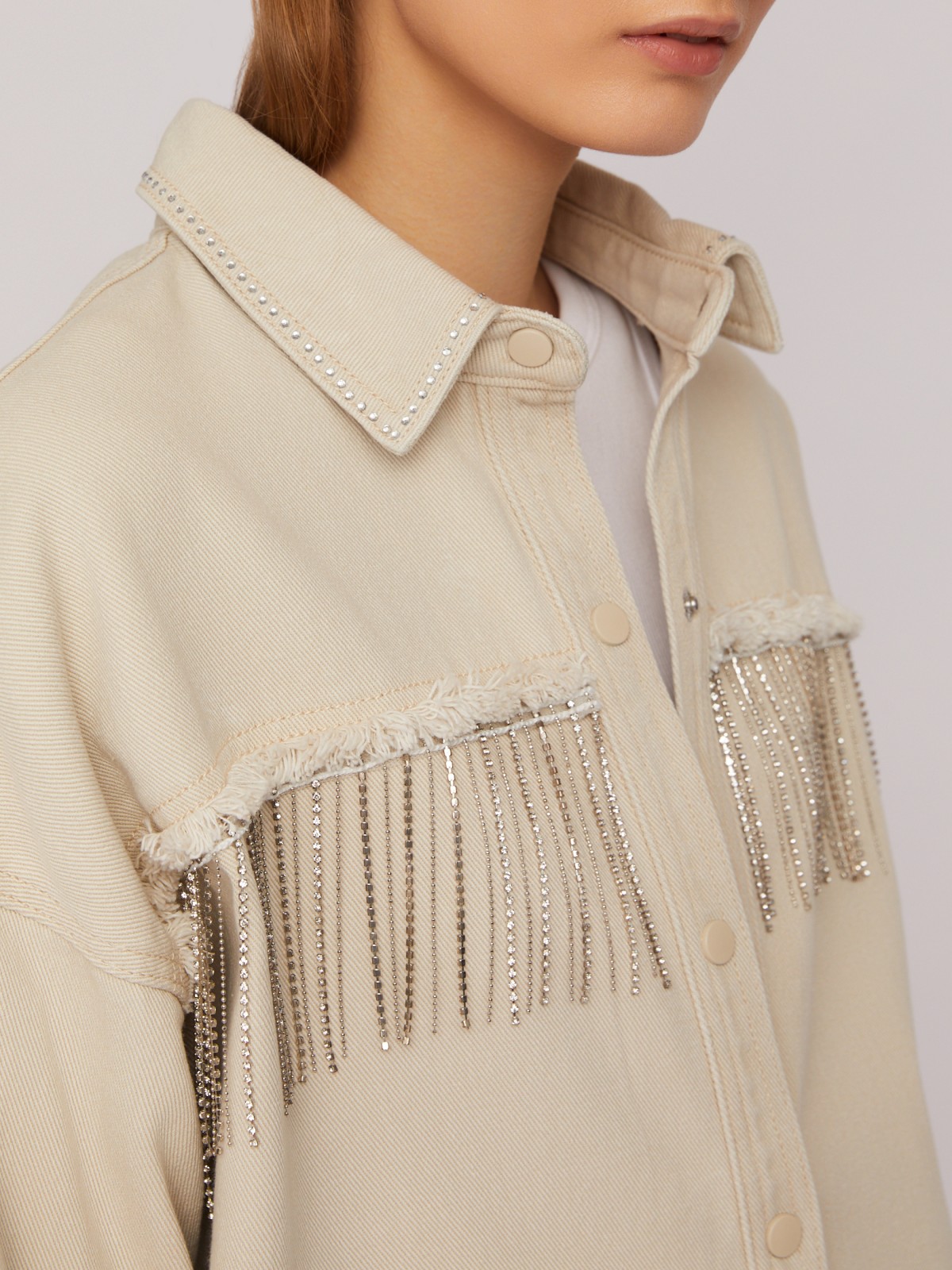Джинсовая куртка-рубашка с бахромой со стразами zolla 024215D0V011, цвет бежевый, размер XS - фото 4