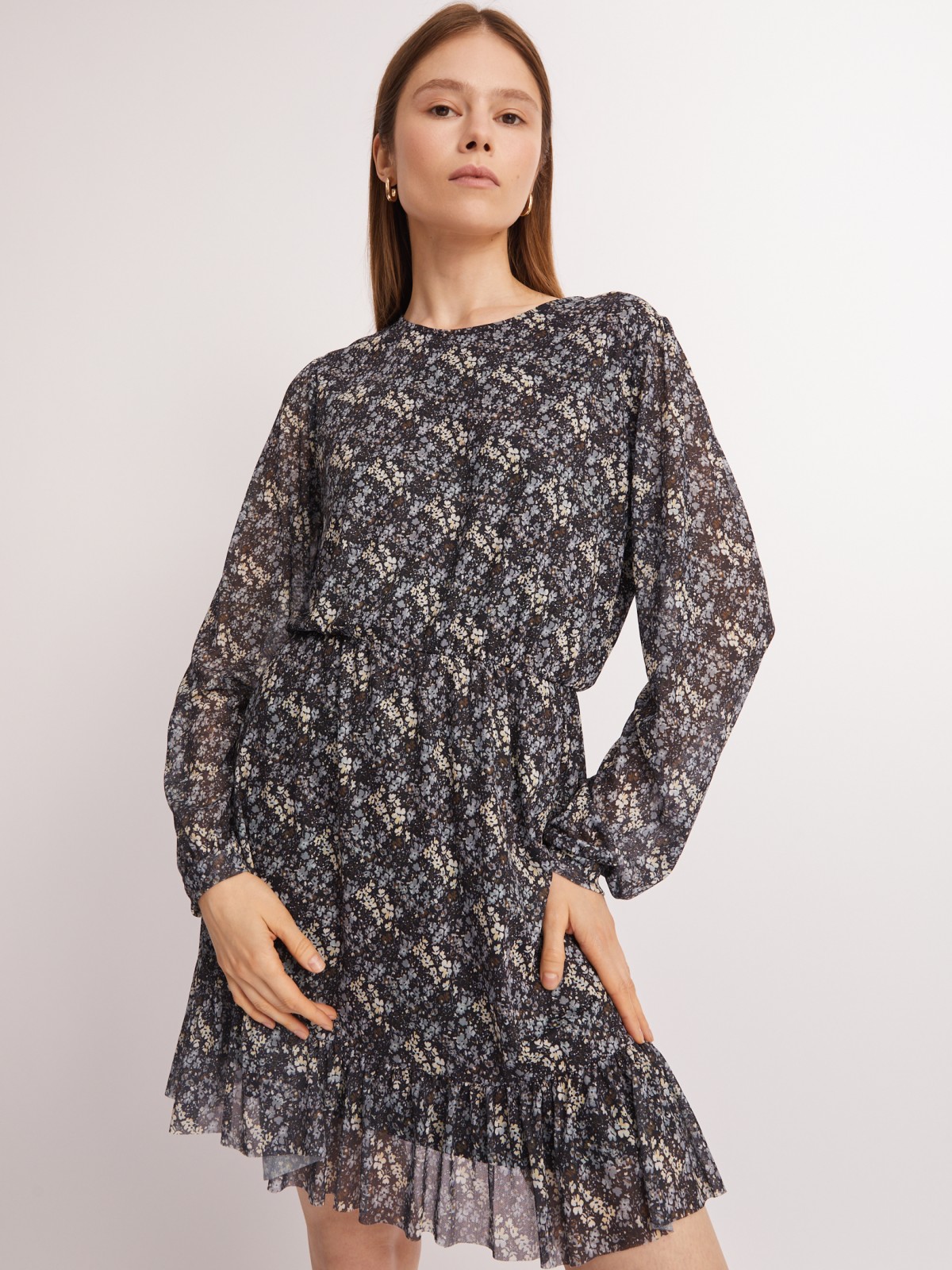 Платье длины мини из сетчатой ткани с цветочным принтом