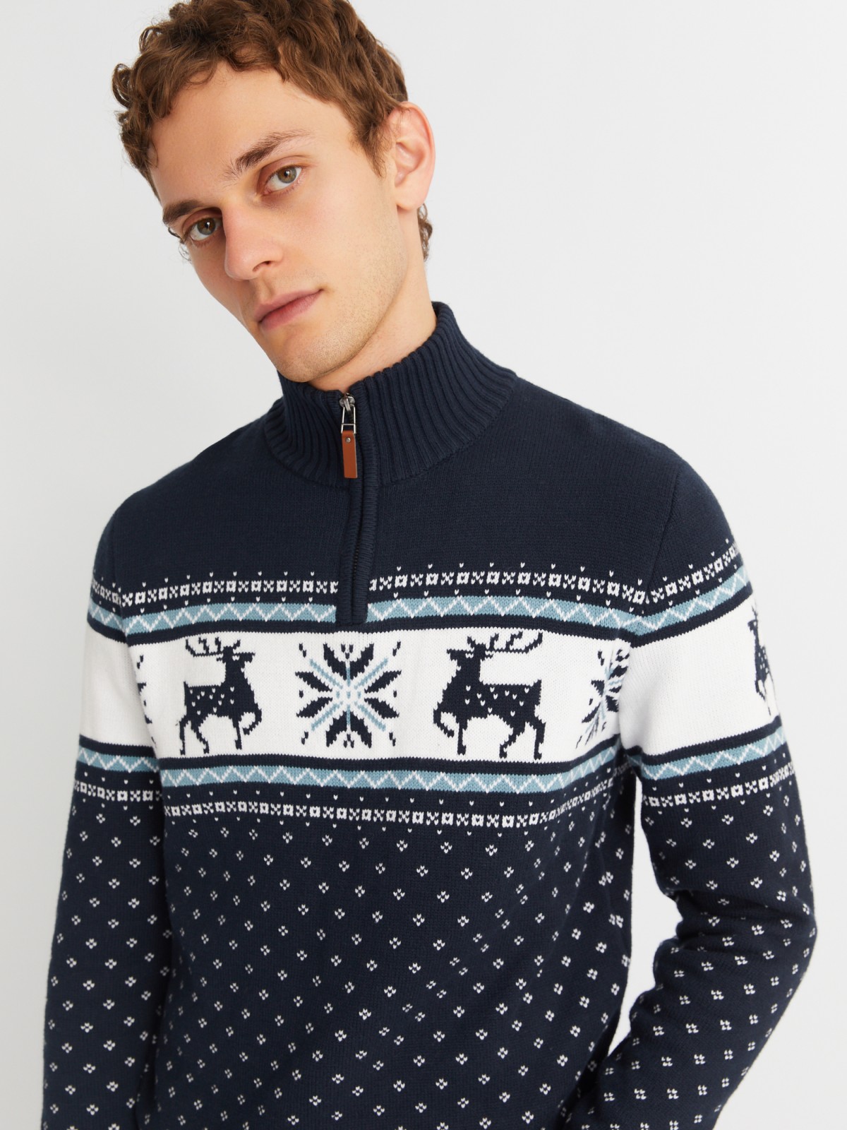 Вязаный свитер с воротником на молнии и скандинавским узором zolla 013436823043, цвет синий, размер M - фото 5
